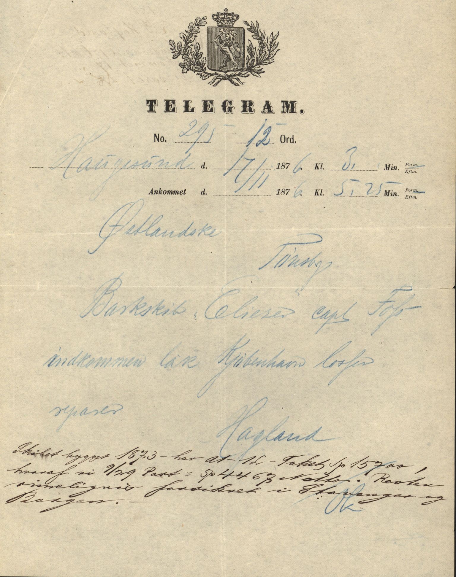 Pa 63 - Østlandske skibsassuranceforening, VEMU/A-1079/G/Ga/L0008/0010: Havaridokumenter / Eliezer, 1876