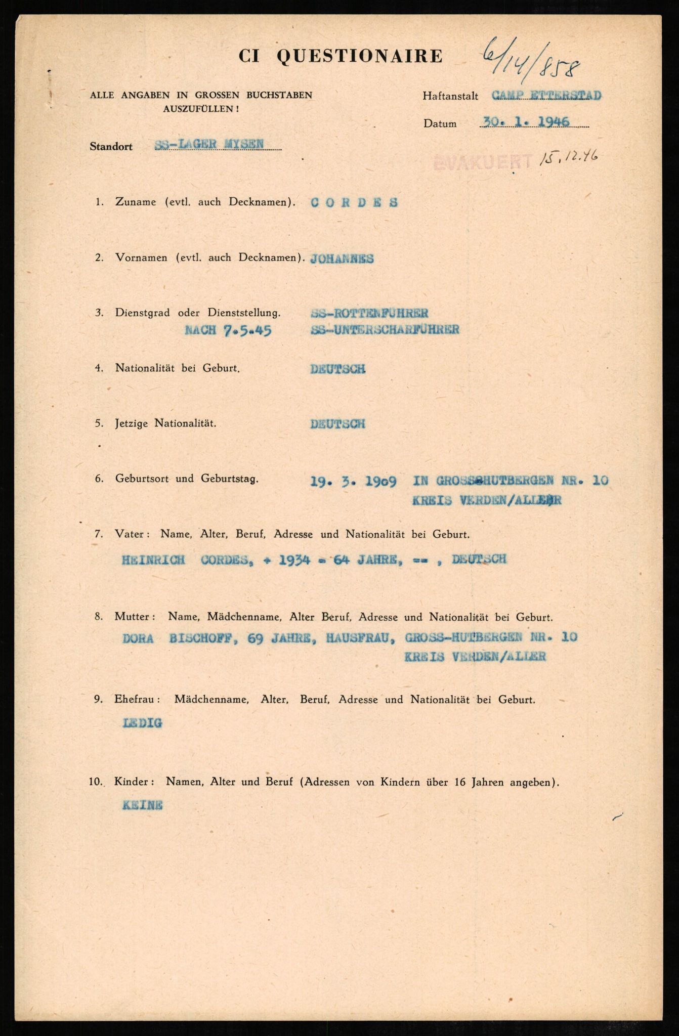 Forsvaret, Forsvarets overkommando II, AV/RA-RAFA-3915/D/Db/L0005: CI Questionaires. Tyske okkupasjonsstyrker i Norge. Tyskere., 1945-1946, s. 293