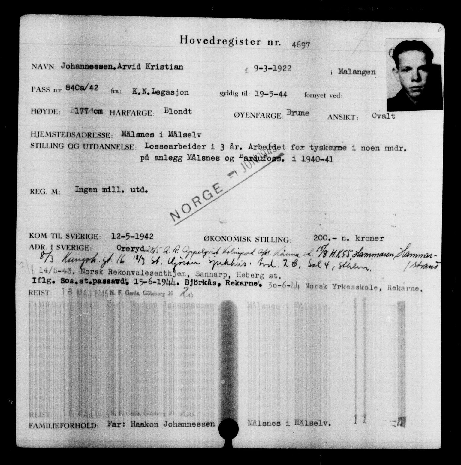 Den Kgl. Norske Legasjons Flyktningskontor, AV/RA-S-6753/V/Va/L0004: Kjesäterkartoteket.  Flyktningenr. 3496-6610, 1940-1945, s. 1419