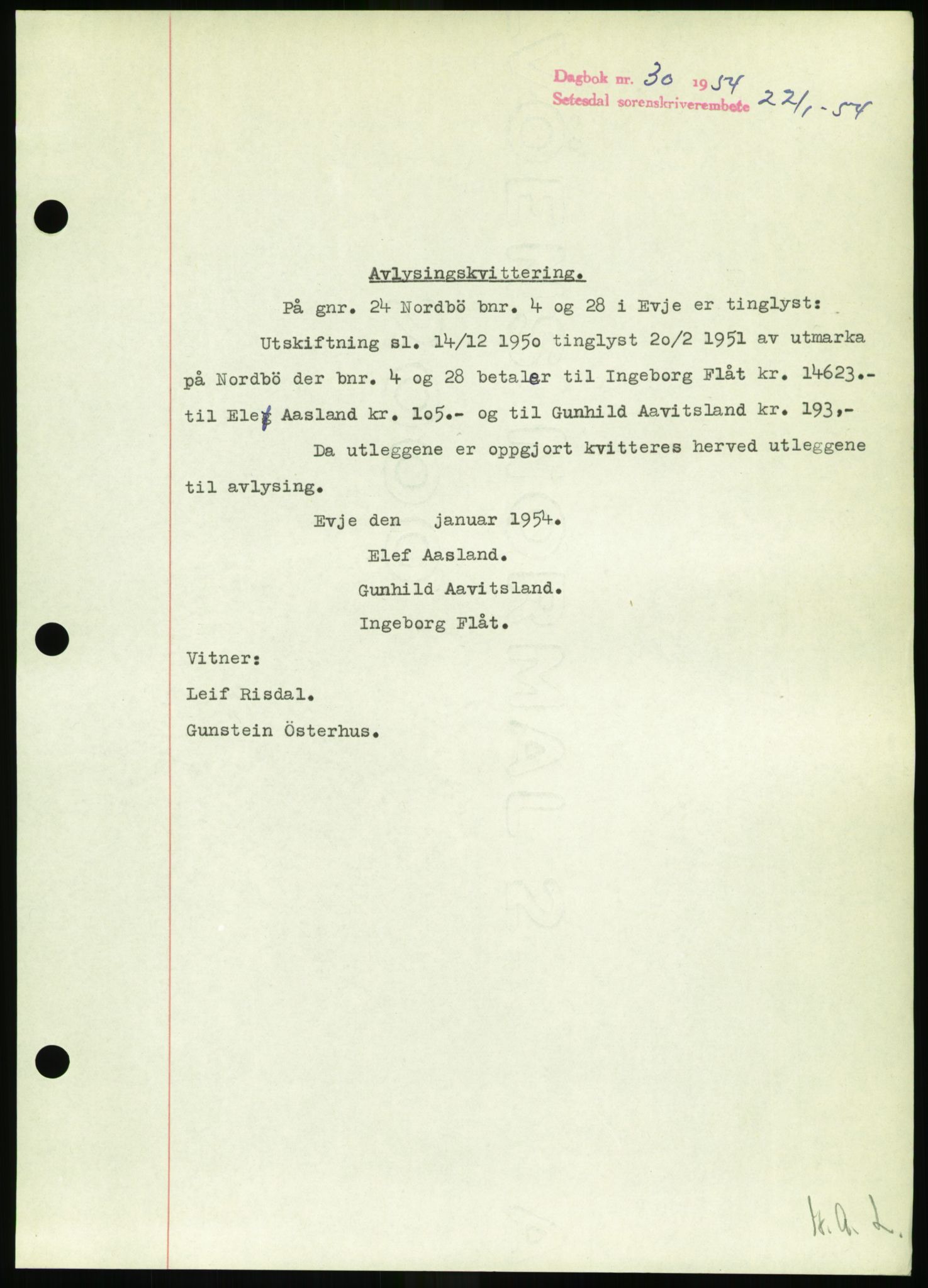 Setesdal sorenskriveri, SAK/1221-0011/G/Gb/L0052: Pantebok nr. B 40, 1954-1955, Dagboknr: 30/1954