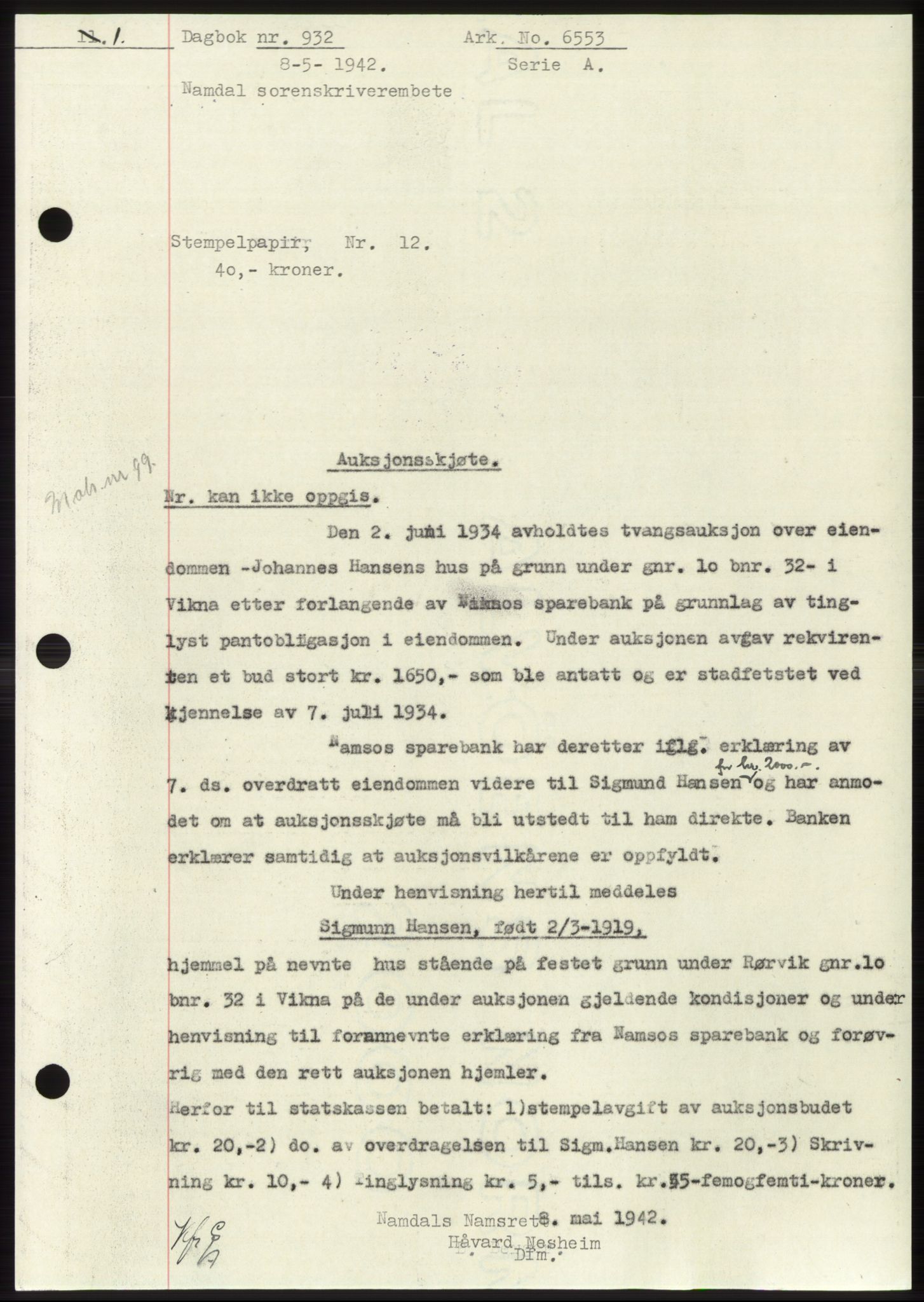 Namdal sorenskriveri, SAT/A-4133/1/2/2C: Pantebok nr. -, 1941-1942, Dagboknr: 932/1942