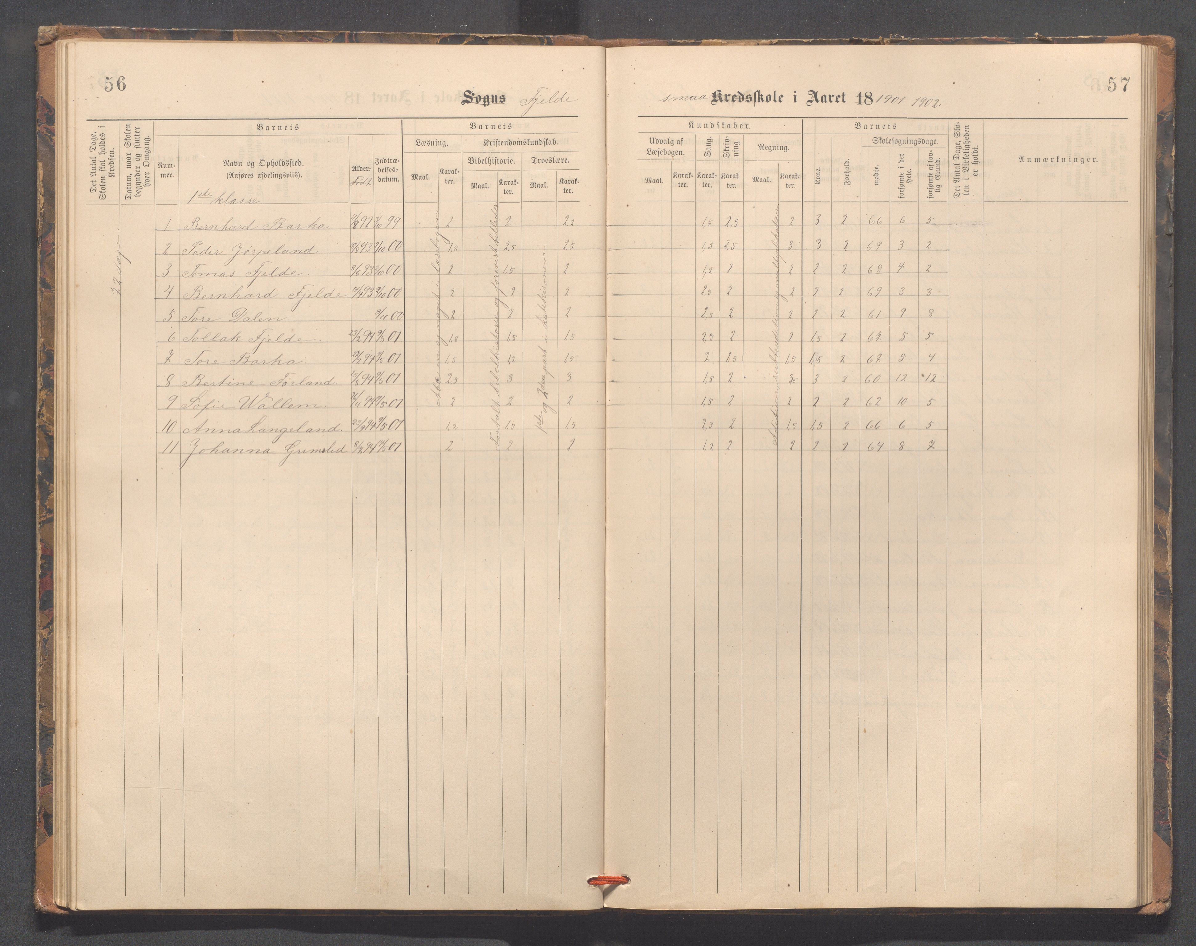 Strand kommune - Fiskå skole, IKAR/A-155/H/L0002: Skoleprotokoll for Fiskå, Heien, Jøssang, Sørbygda og Fjelde krets, 1888-1900, s. 56-57