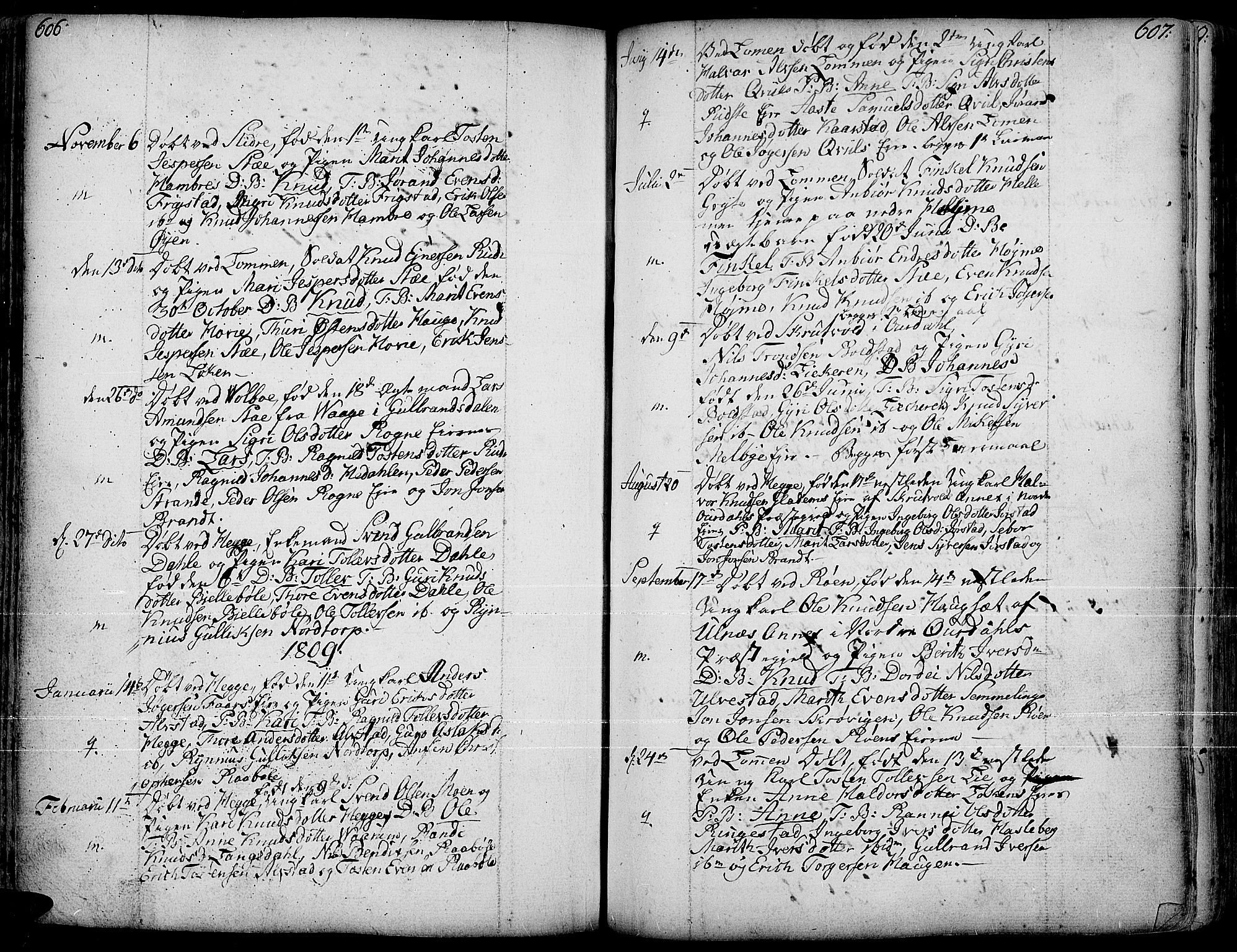 Slidre prestekontor, AV/SAH-PREST-134/H/Ha/Haa/L0001: Ministerialbok nr. 1, 1724-1814, s. 606-607