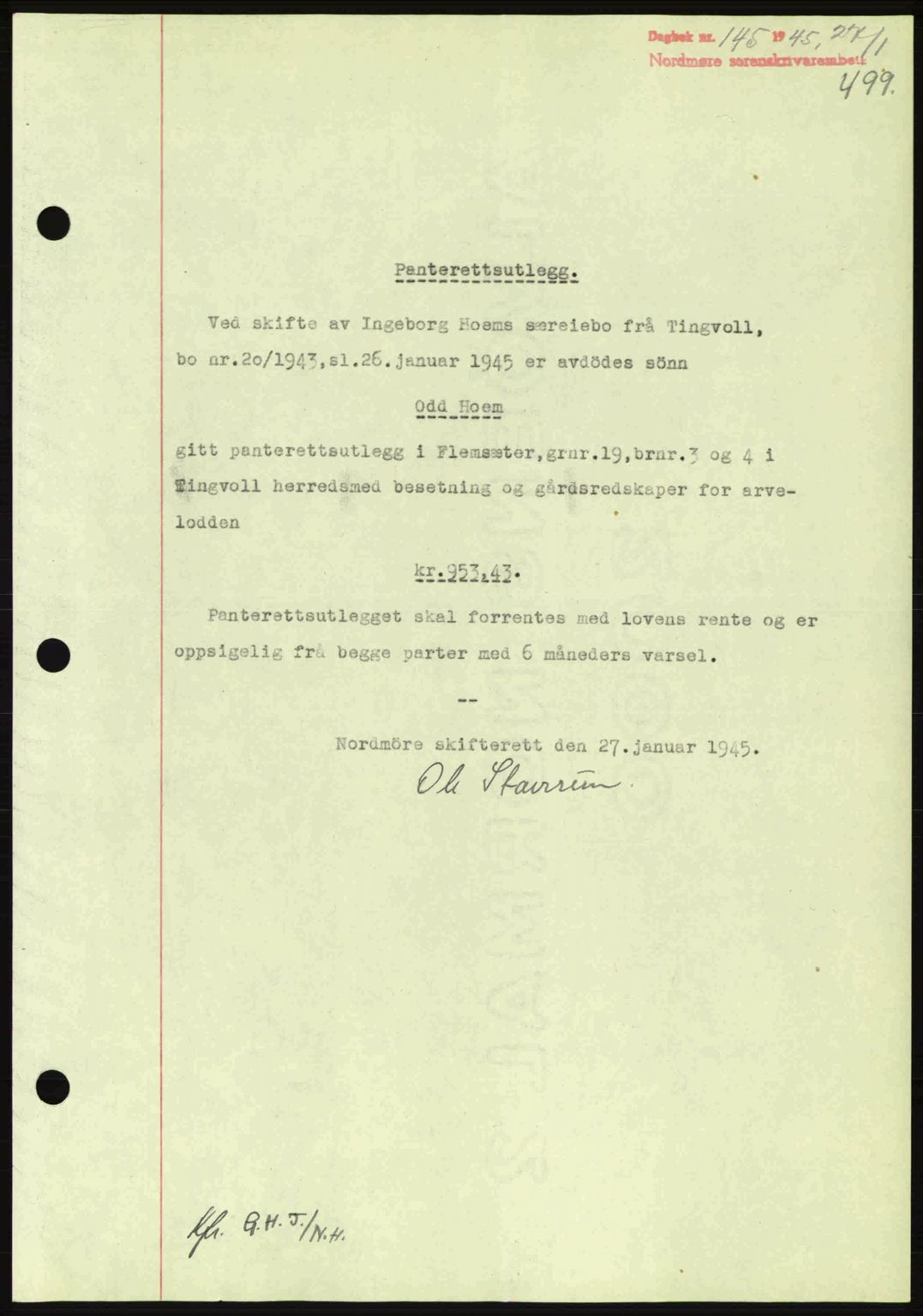 Nordmøre sorenskriveri, AV/SAT-A-4132/1/2/2Ca: Pantebok nr. B92, 1944-1945, Dagboknr: 145/1945