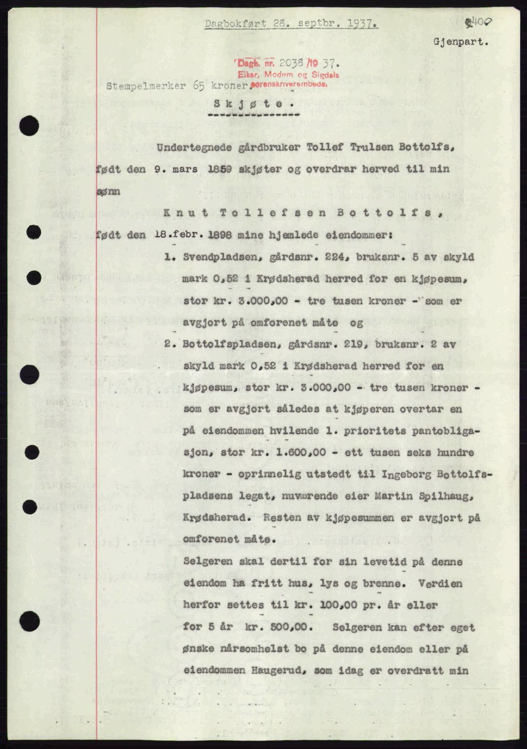 Eiker, Modum og Sigdal sorenskriveri, SAKO/A-123/G/Ga/Gab/L0036: Pantebok nr. A6, 1937-1937, Dagboknr: 2038/1937
