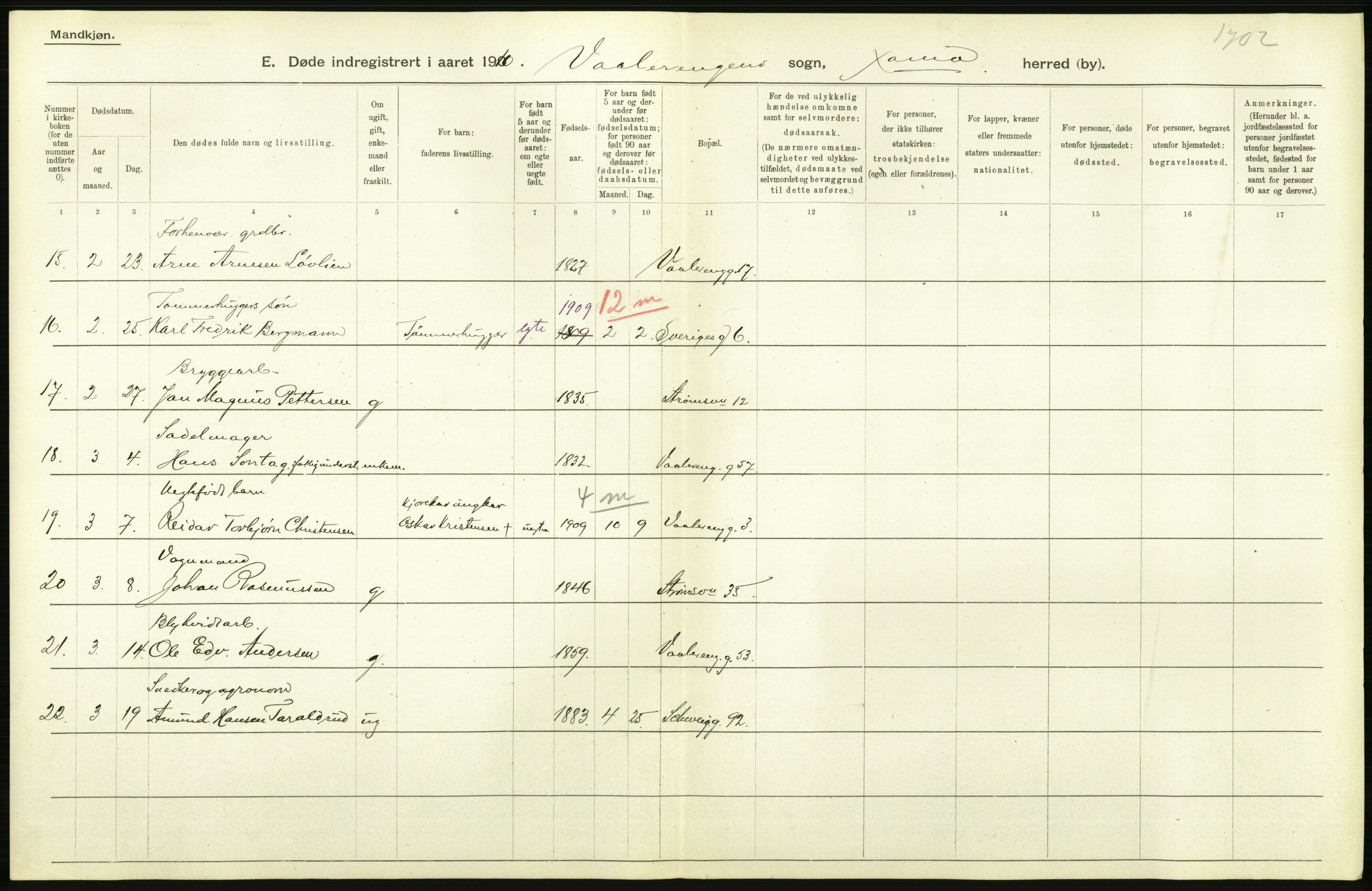 Statistisk sentralbyrå, Sosiodemografiske emner, Befolkning, RA/S-2228/D/Df/Dfa/Dfah/L0008: Kristiania: Døde, 1910, s. 604