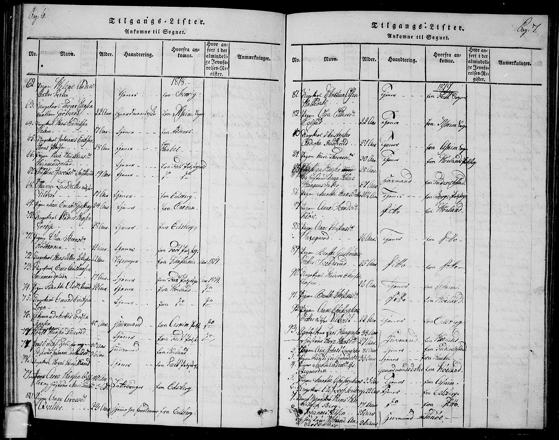 Trøgstad prestekontor Kirkebøker, SAO/A-10925/G/Ga/L0001: Klokkerbok nr. I 1, 1815-1831, s. 6-7