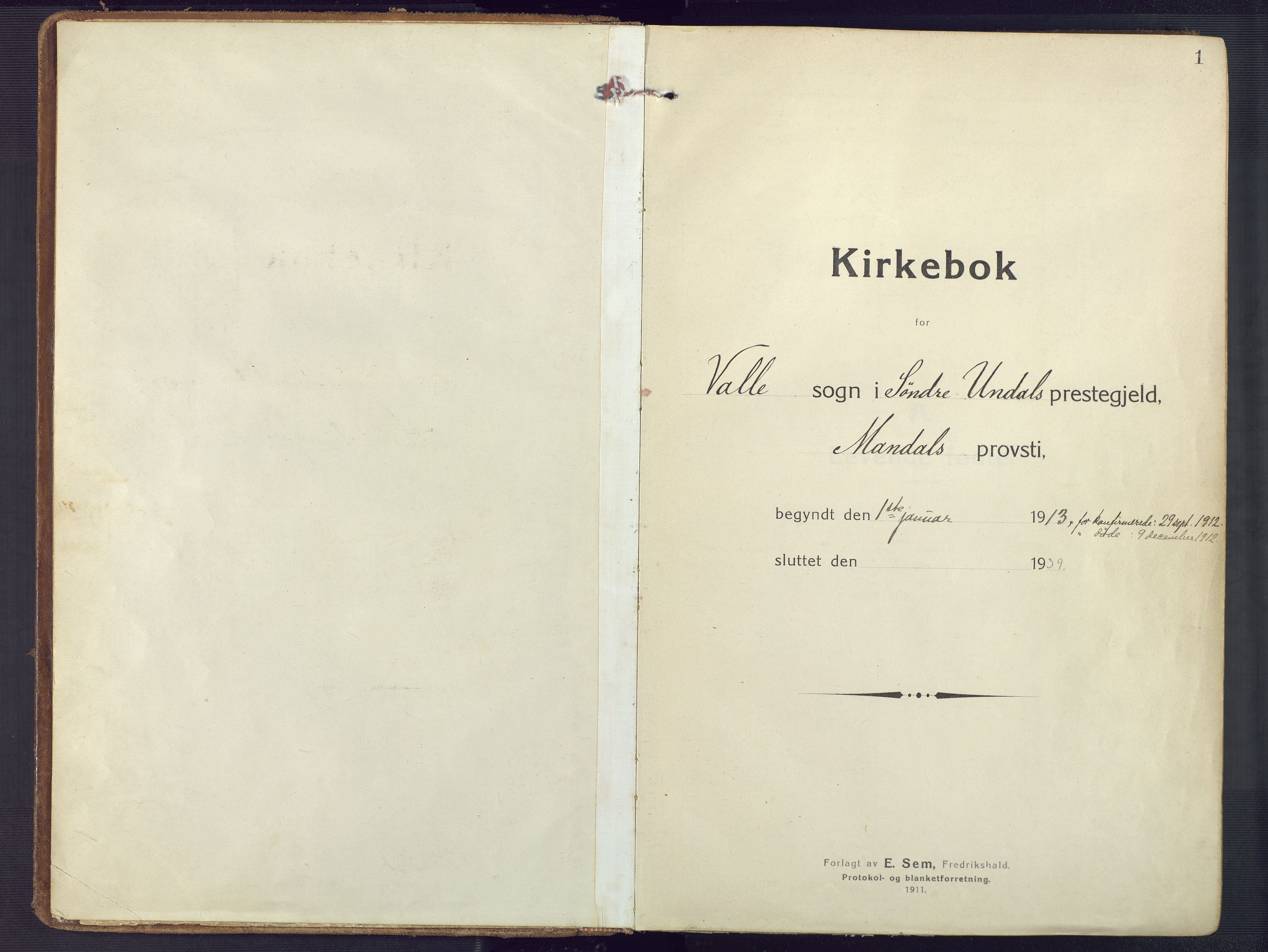 Sør-Audnedal sokneprestkontor, SAK/1111-0039/F/Fa/Fab/L0011: Ministerialbok nr. A 11, 1912-1938, s. 1