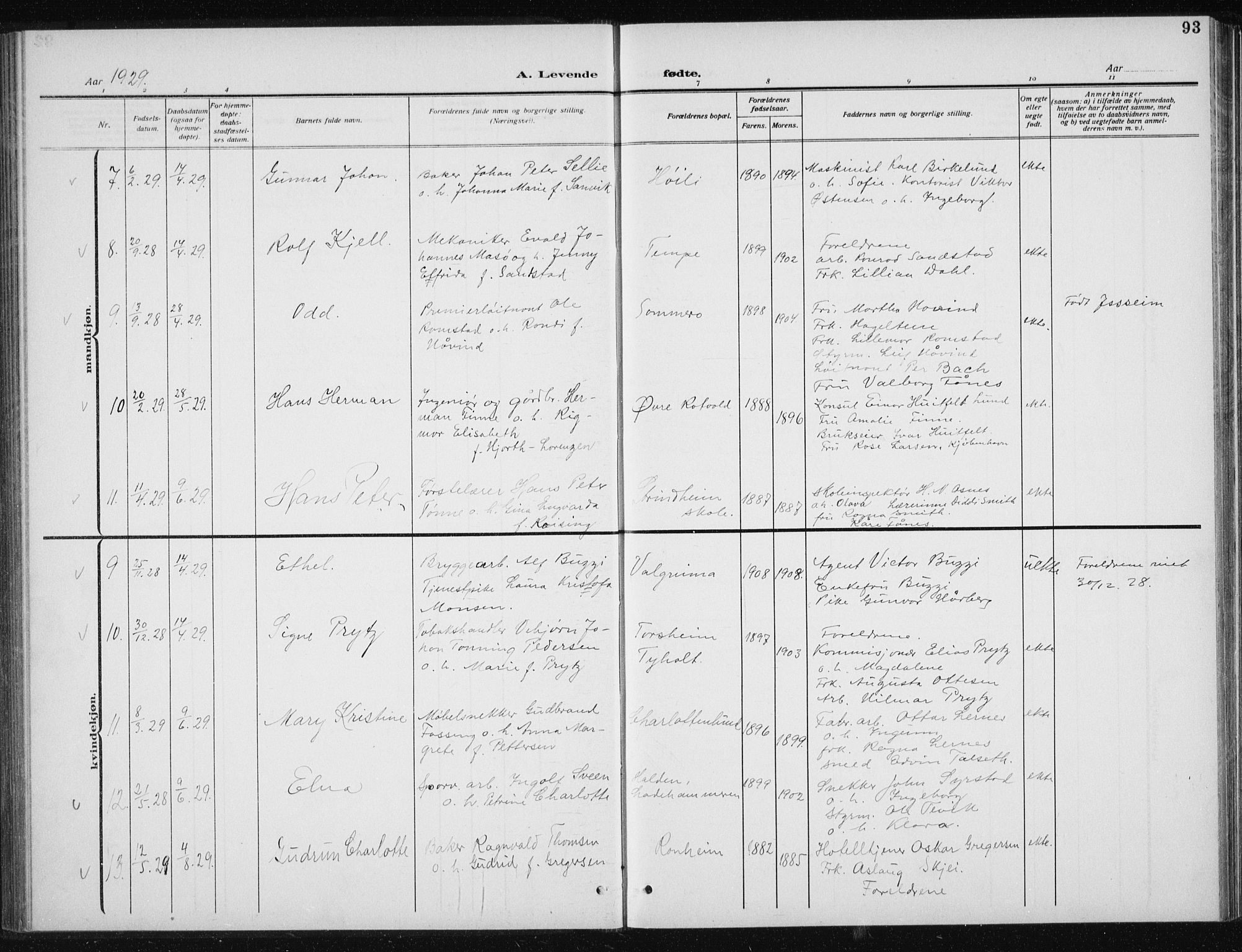 Ministerialprotokoller, klokkerbøker og fødselsregistre - Sør-Trøndelag, AV/SAT-A-1456/606/L0314: Klokkerbok nr. 606C10, 1911-1937, s. 93