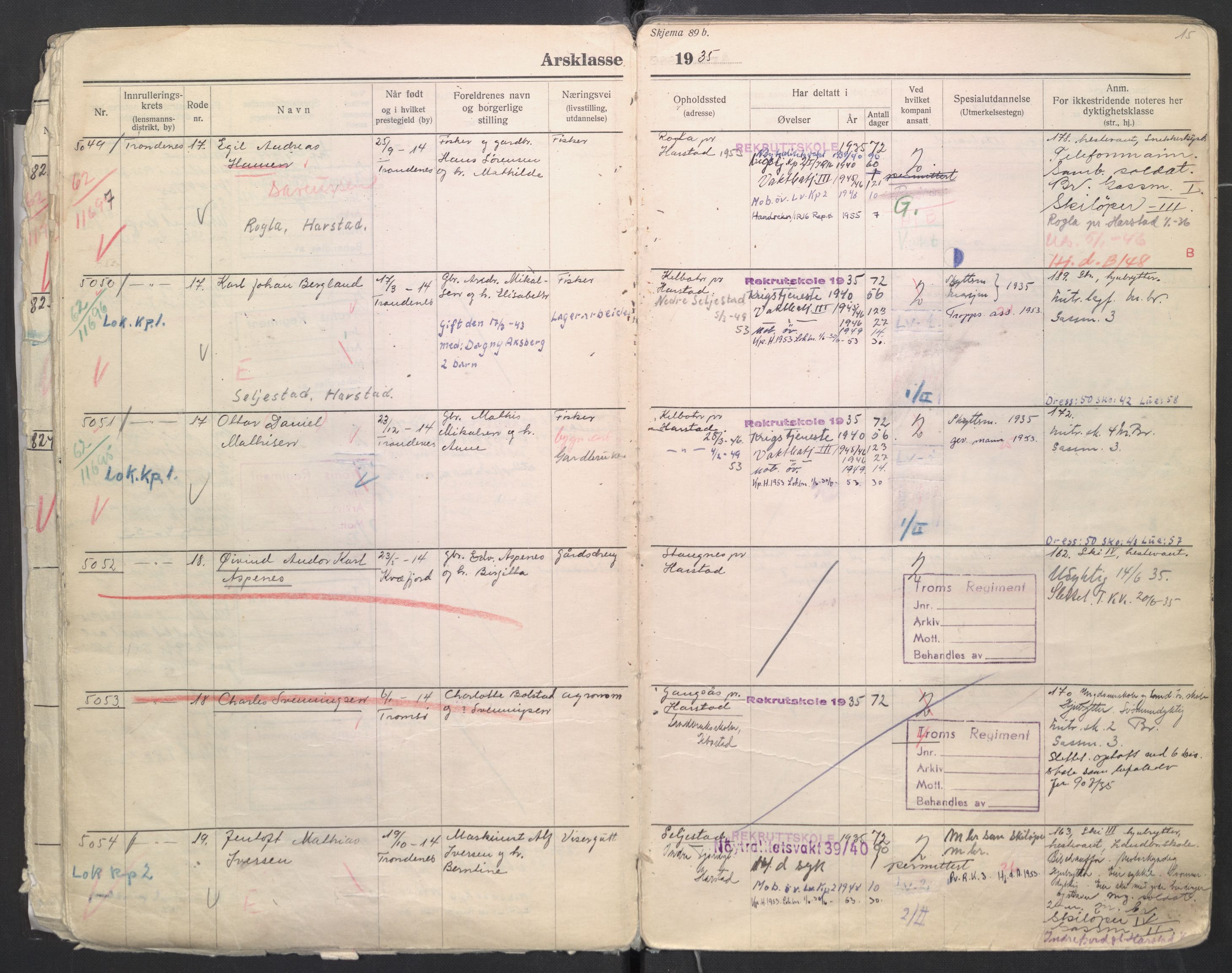 Forsvaret, Troms infanteriregiment nr. 16, AV/RA-RAFA-3146/P/Pa/L0006/0008: Ruller / Rulle for regimentets menige mannskaper, årsklasse 1935, 1935, s. 15