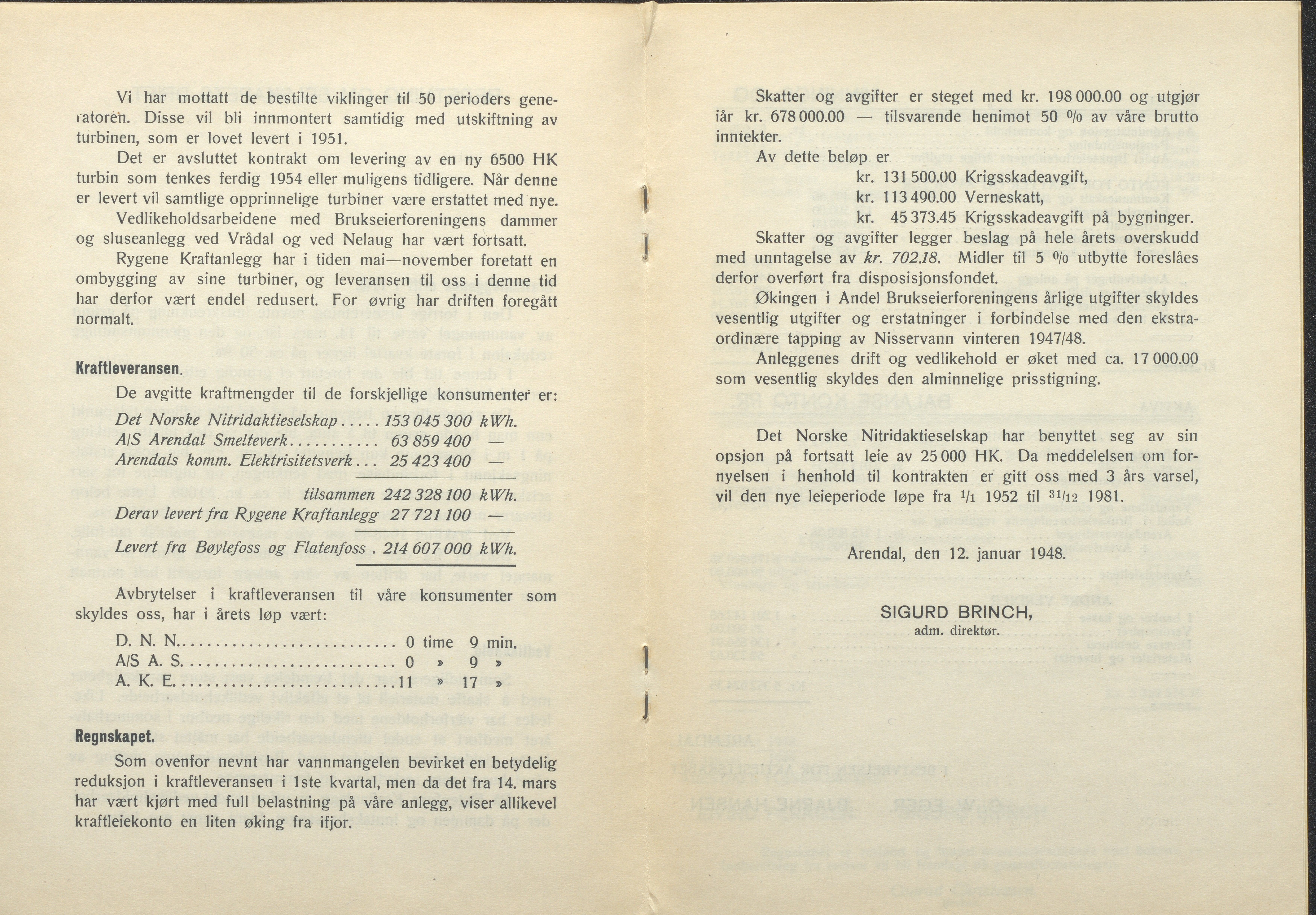 Arendals Fossekompani, AAKS/PA-2413/X/X01/L0001/0012: Beretninger, regnskap, balansekonto, gevinst- og tapskonto / Beretning, regnskap 1945 - 1962, 1945-1962, s. 22