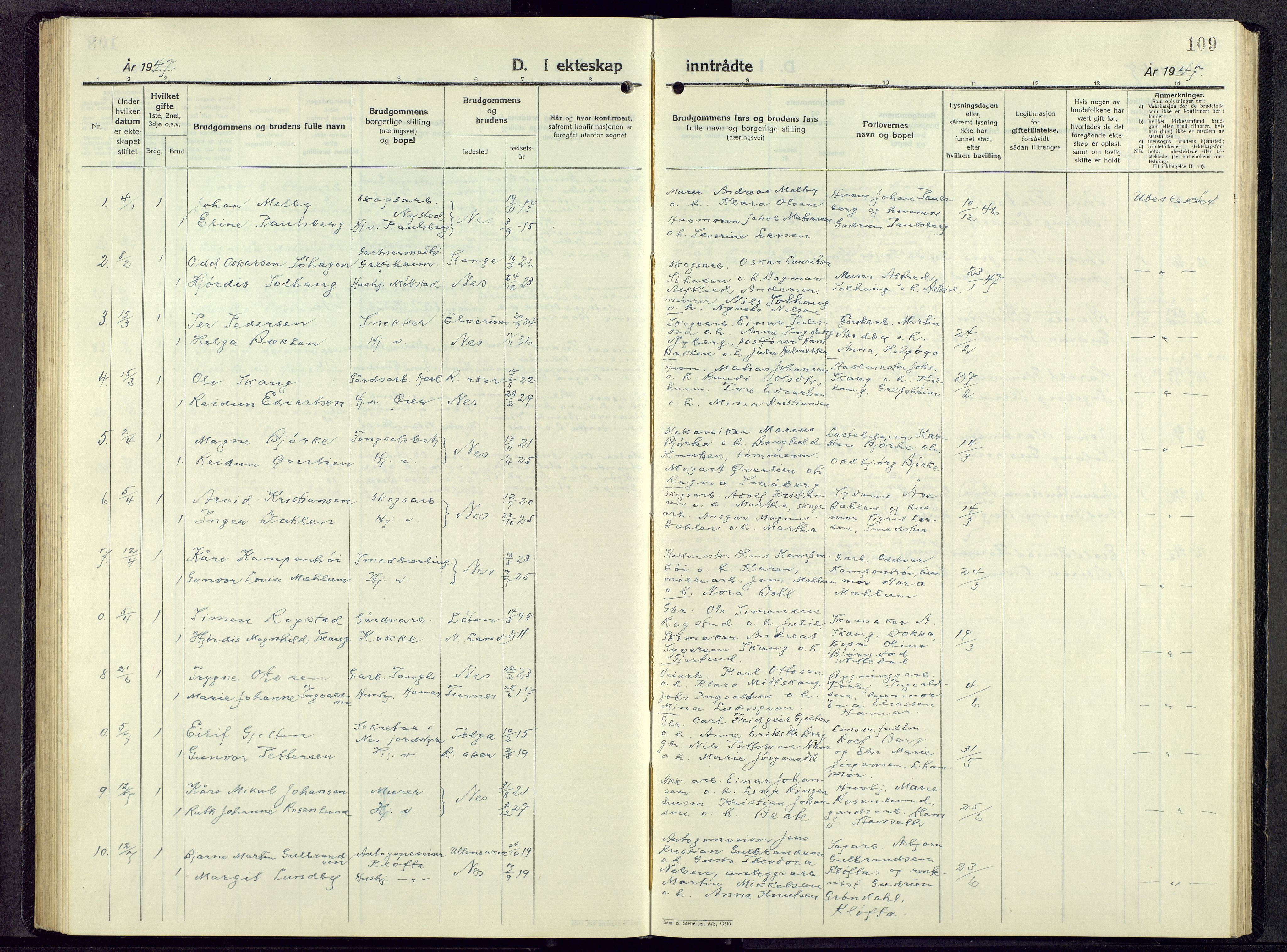 Nes prestekontor, Hedmark, SAH/PREST-020/L/La/L0014: Klokkerbok nr. 14, 1948-1967, s. 109