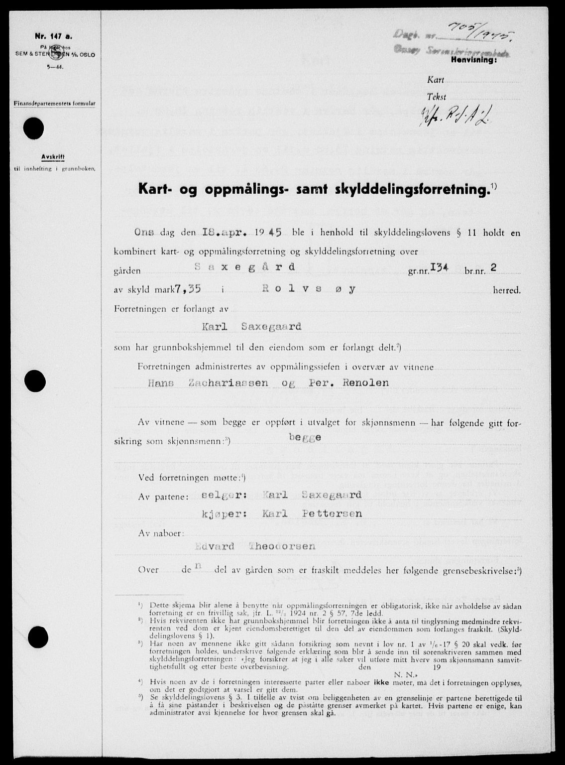 Onsøy sorenskriveri, SAO/A-10474/G/Ga/Gab/L0014: Pantebok nr. II A-14, 1944-1945, Dagboknr: 705/1945
