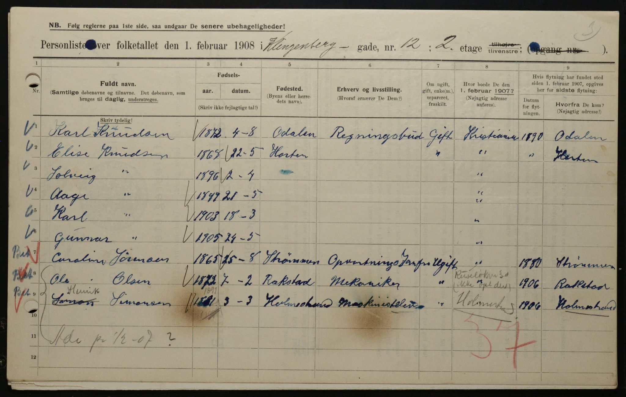 OBA, Kommunal folketelling 1.2.1908 for Kristiania kjøpstad, 1908, s. 46384