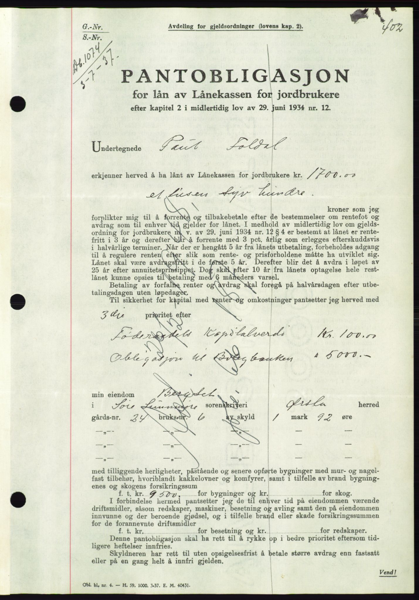 Søre Sunnmøre sorenskriveri, AV/SAT-A-4122/1/2/2C/L0063: Pantebok nr. 57, 1937-1937, Dagboknr: 1074/1937