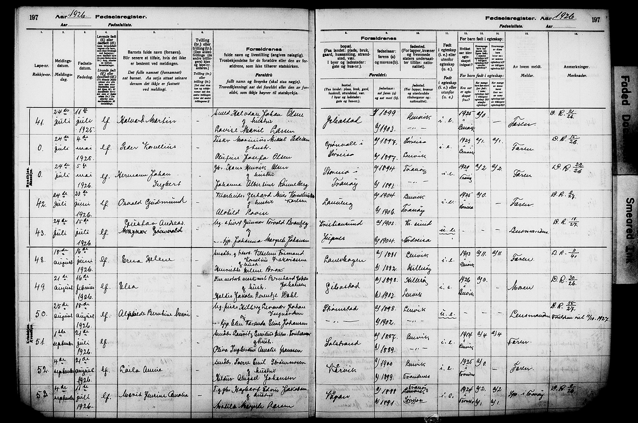 Lenvik sokneprestembete, AV/SATØ-S-1310/I/Ic/L0089: Fødselsregister nr. 89, 1916-1926, s. 197