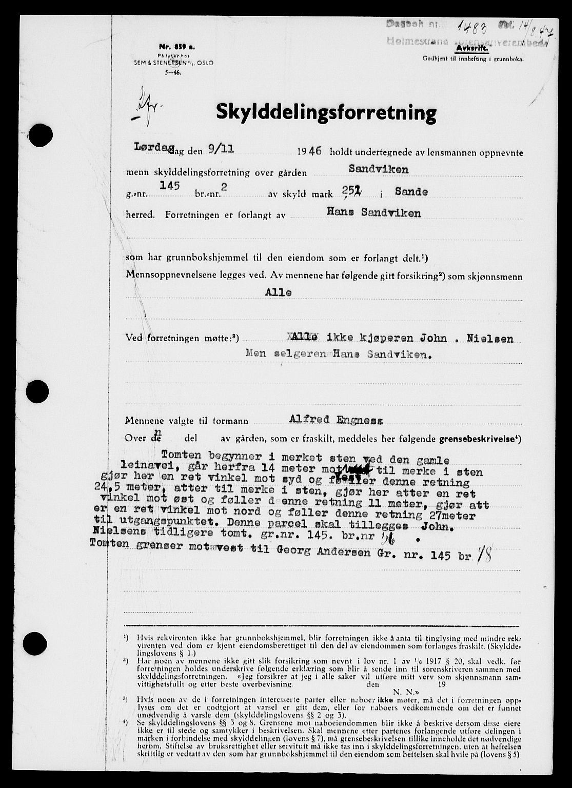 Holmestrand sorenskriveri, SAKO/A-67/G/Ga/Gaa/L0062: Pantebok nr. A-62, 1947-1947, Dagboknr: 1483/1947