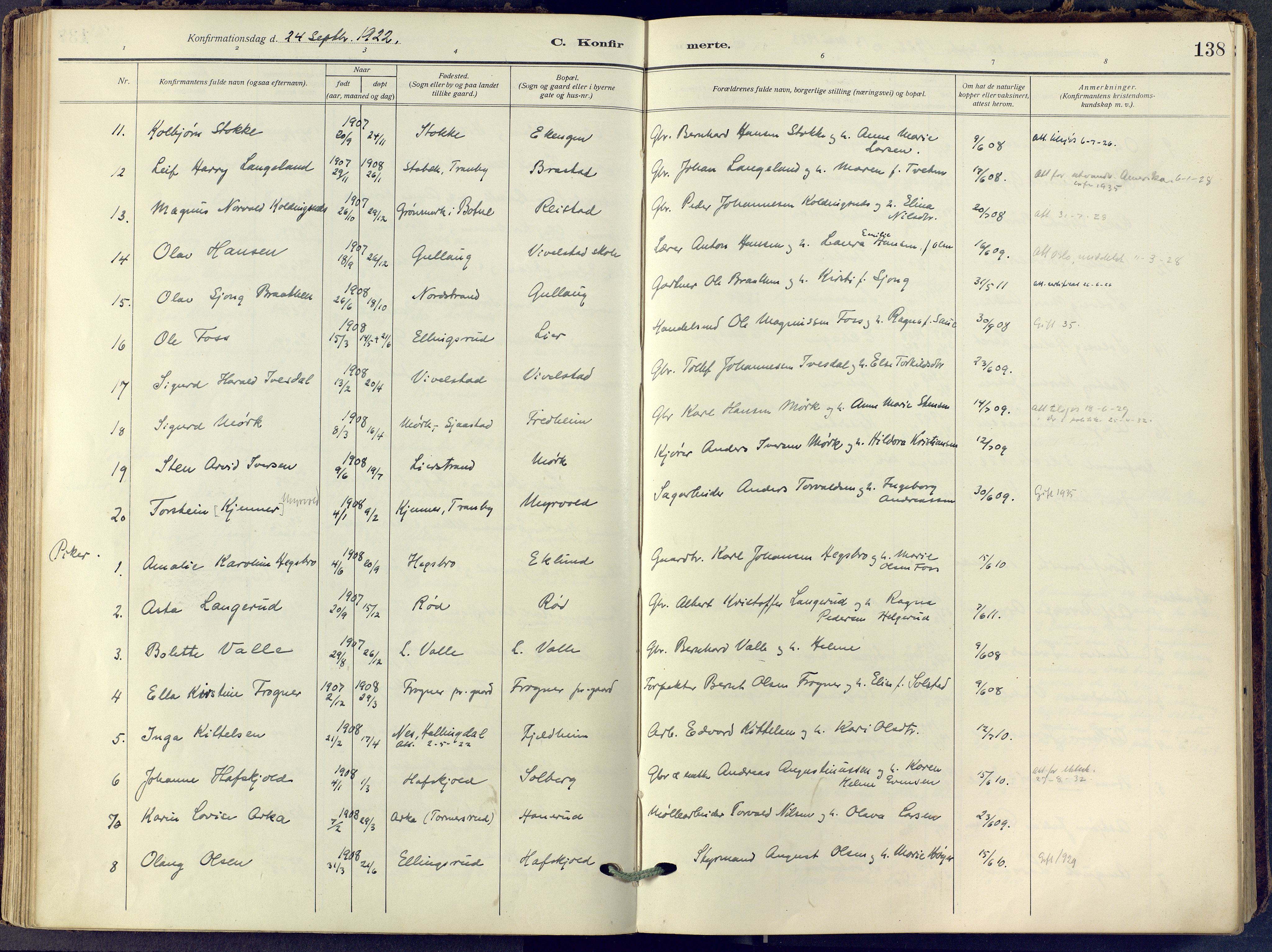 Lier kirkebøker, SAKO/A-230/F/Fa/L0019: Ministerialbok nr. I 19, 1918-1928, s. 138