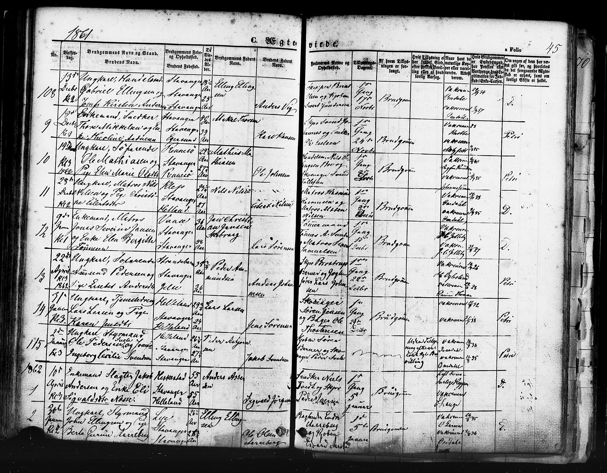 Domkirken sokneprestkontor, AV/SAST-A-101812/001/30/30BB/L0011: Klokkerbok nr. B 11, 1858-1876, s. 45