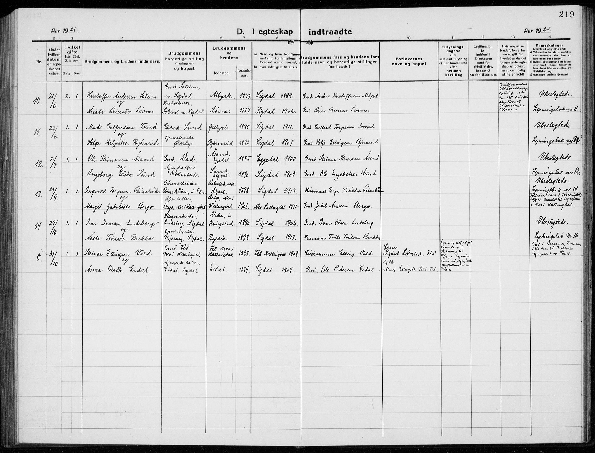 Sigdal kirkebøker, AV/SAKO-A-245/G/Ga/L0007: Klokkerbok nr. I 7, 1917-1935, s. 219