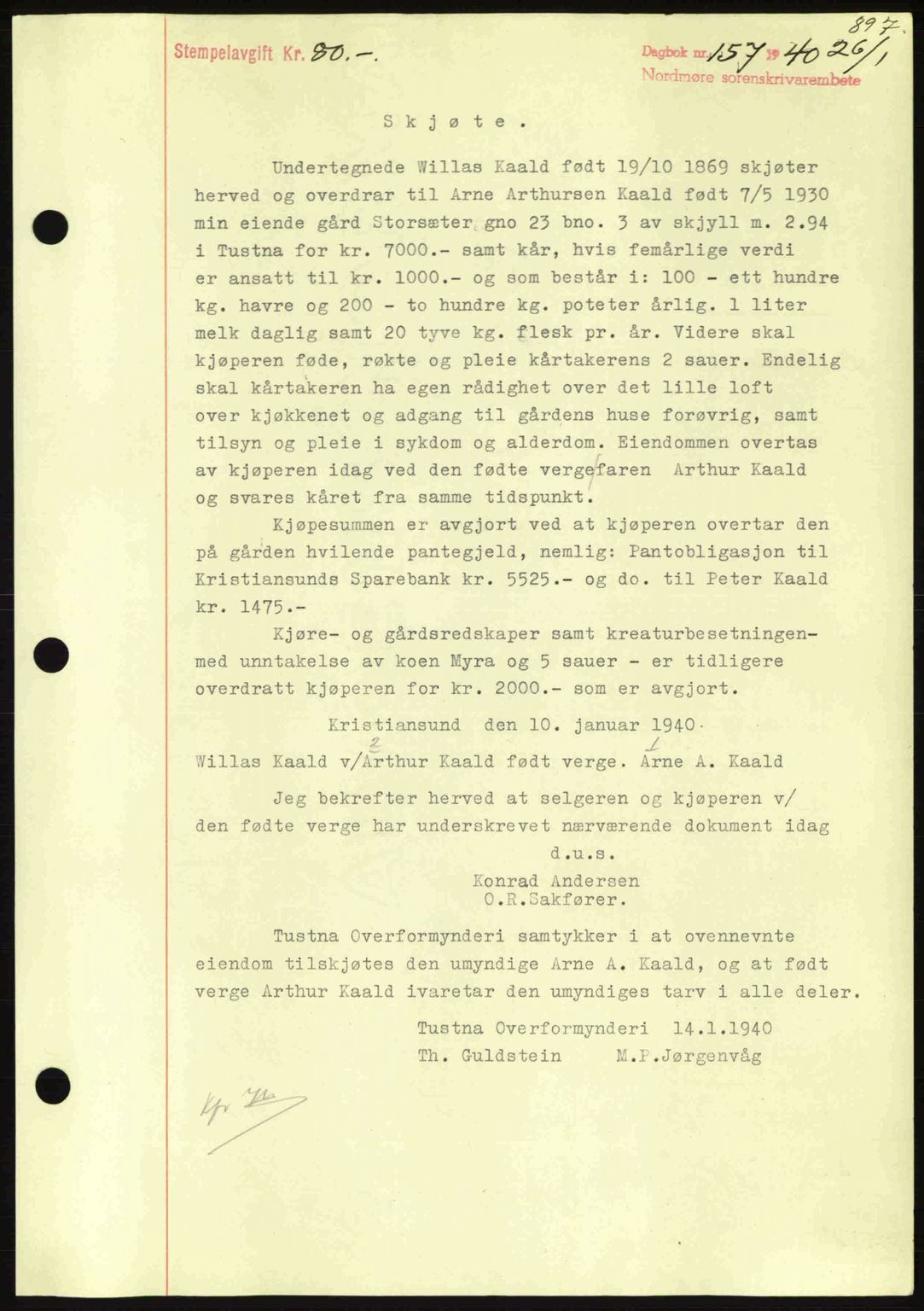 Nordmøre sorenskriveri, SAT/A-4132/1/2/2Ca: Pantebok nr. A87, 1939-1940, Dagboknr: 157/1940