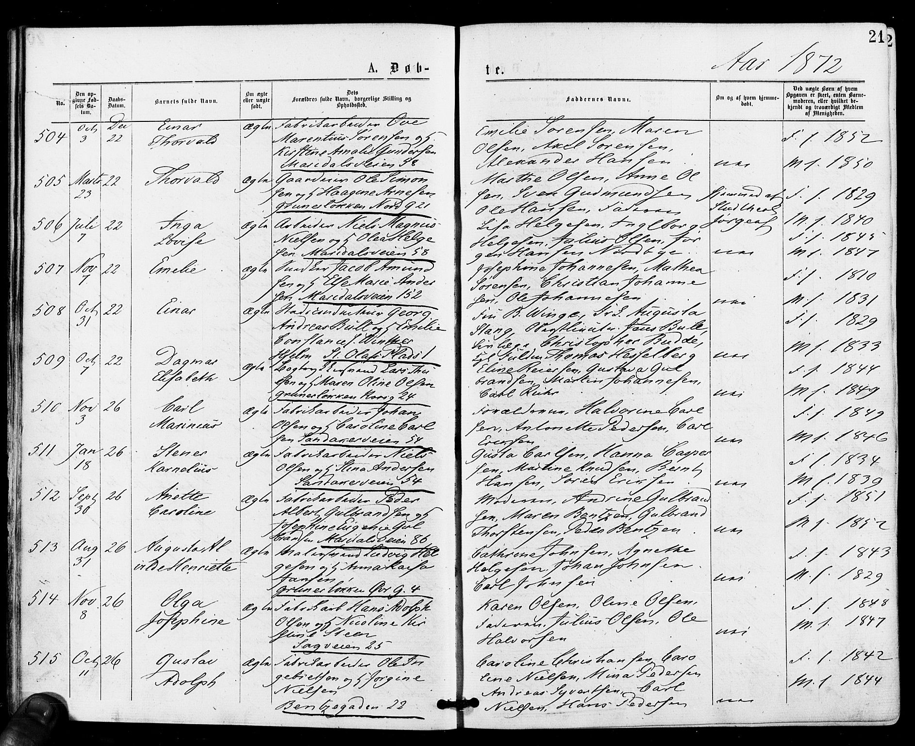 Gamle Aker prestekontor Kirkebøker, AV/SAO-A-10617a/F/L0004: Ministerialbok nr. 4, 1872-1879, s. 21