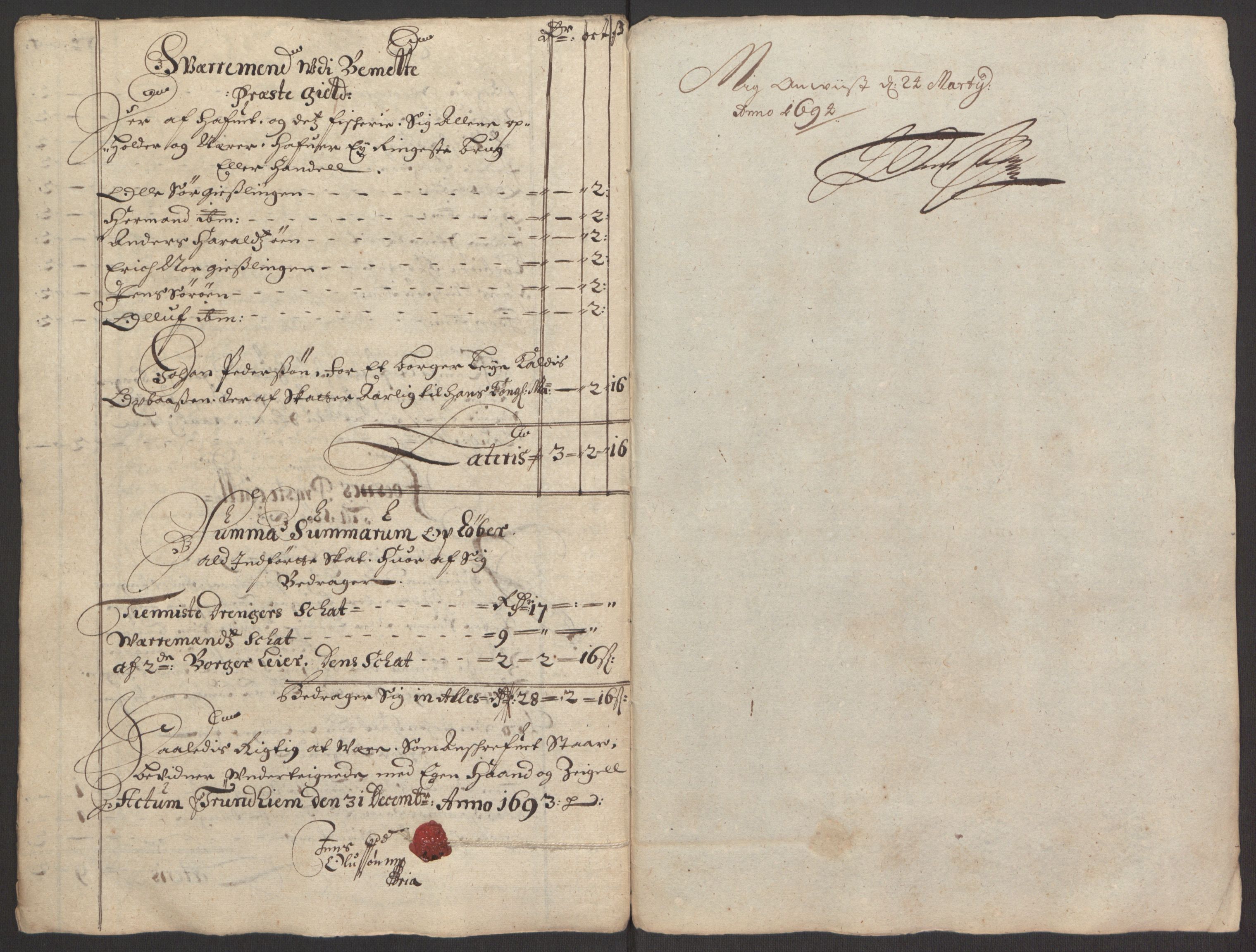 Rentekammeret inntil 1814, Reviderte regnskaper, Fogderegnskap, RA/EA-4092/R64/L4424: Fogderegnskap Namdal, 1692-1695, s. 250