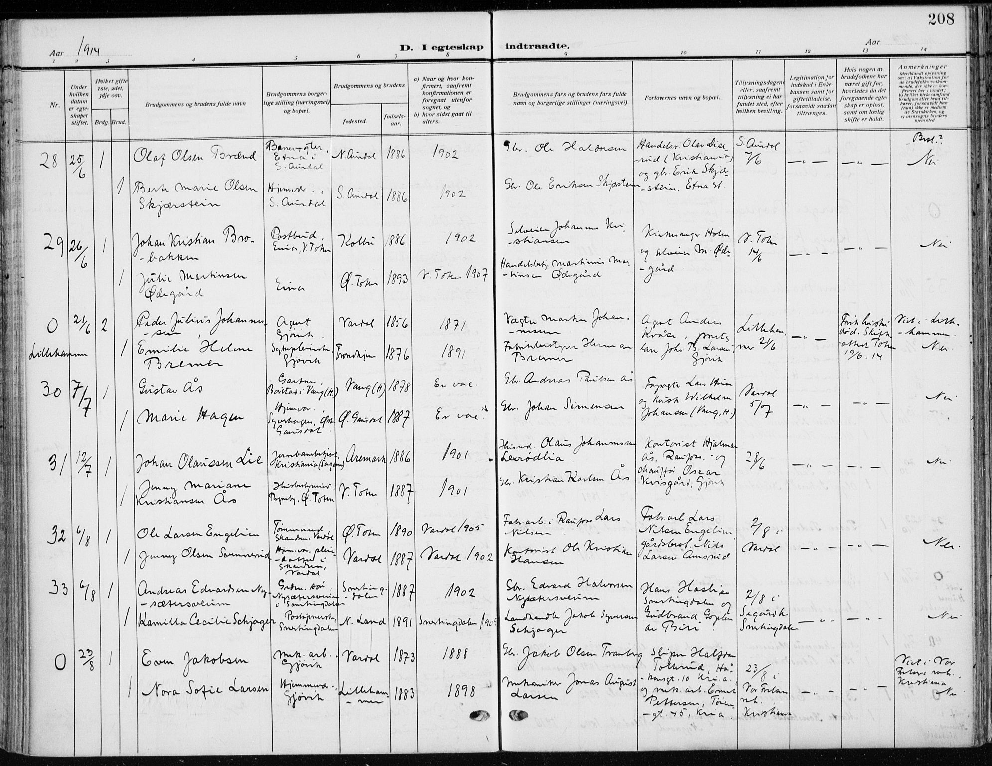 Vardal prestekontor, AV/SAH-PREST-100/H/Ha/Haa/L0014: Ministerialbok nr. 14, 1912-1922, s. 208