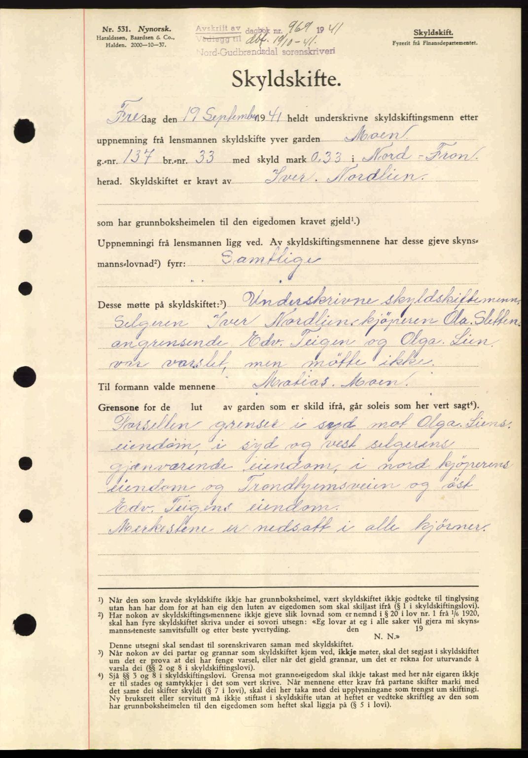 Nord-Gudbrandsdal tingrett, SAH/TING-002/H/Hb/Hbb/L0007: Pantebok nr. FA7, 1941-1941, Dagboknr: 969/1941
