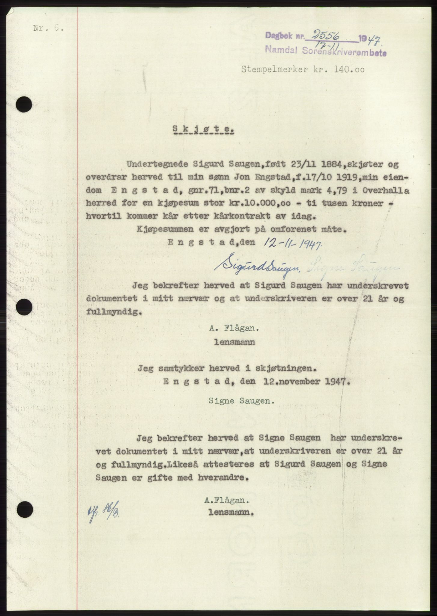 Namdal sorenskriveri, SAT/A-4133/1/2/2C: Pantebok nr. -, 1947-1948, Dagboknr: 2556/1947