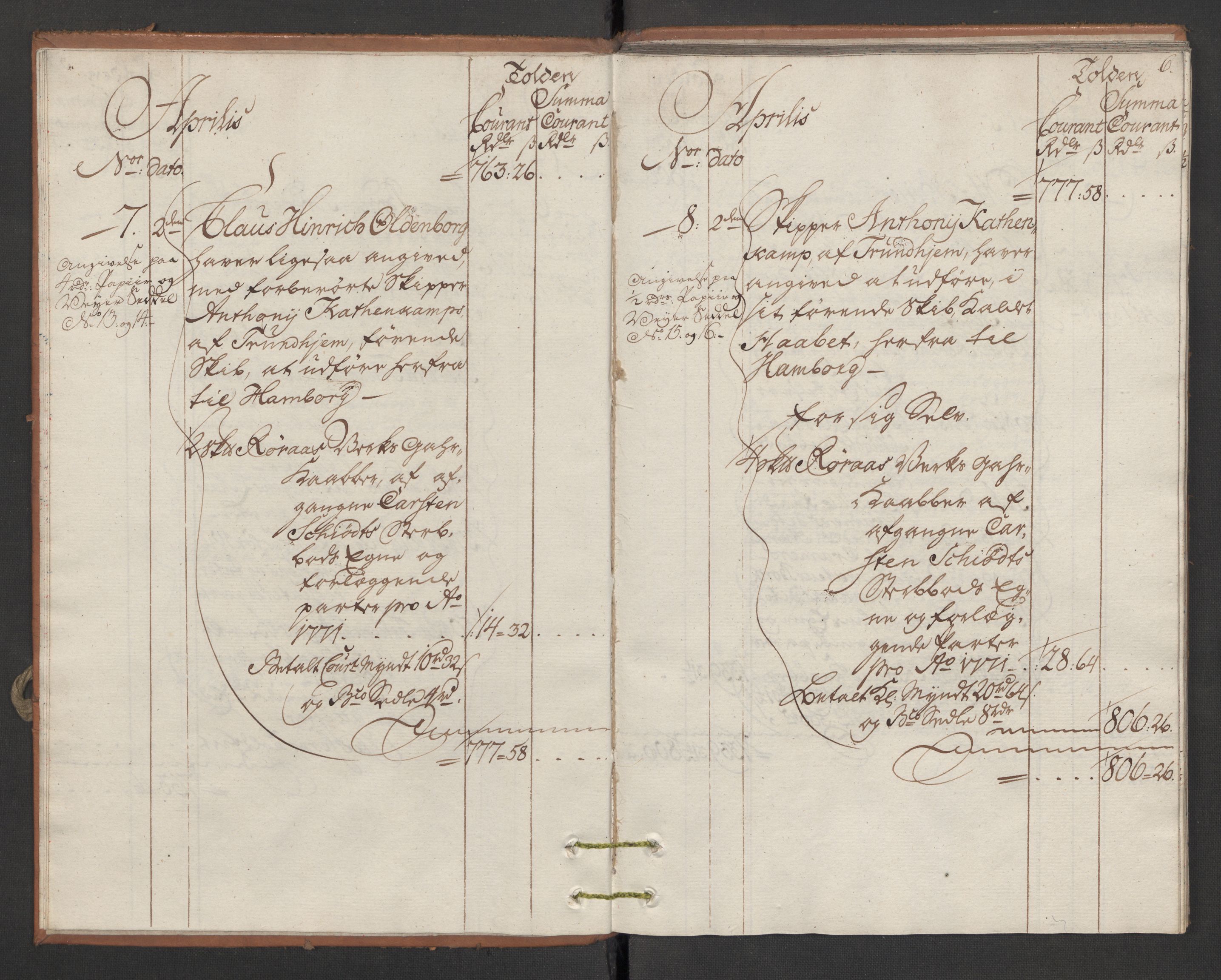 Generaltollkammeret, tollregnskaper, AV/RA-EA-5490/R34/L0022/0001: Koppertollregnskaper Trondheim B / Tollbok for koppertollen, 1772