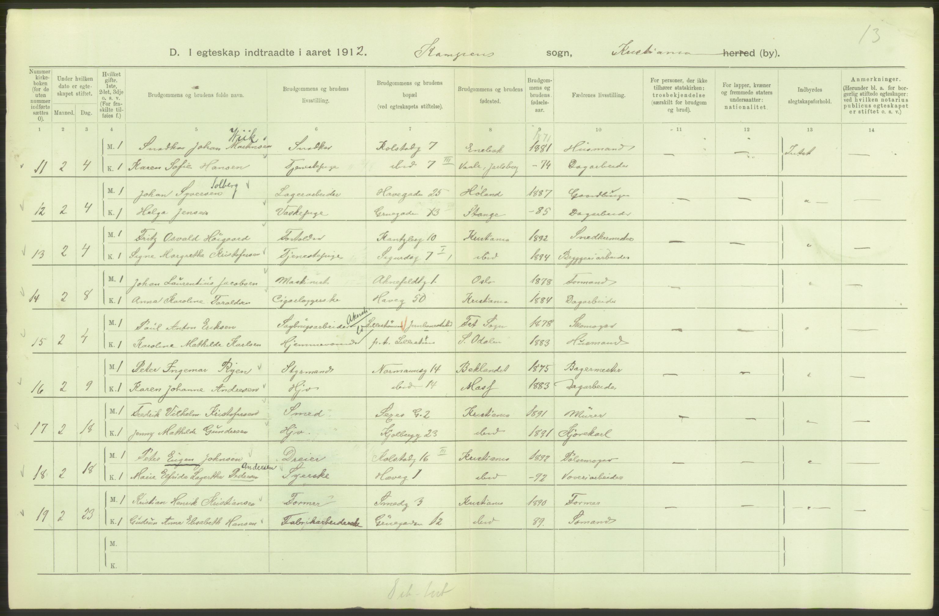 Statistisk sentralbyrå, Sosiodemografiske emner, Befolkning, AV/RA-S-2228/D/Df/Dfb/Dfbb/L0008: Kristiania: Gifte, 1912, s. 184