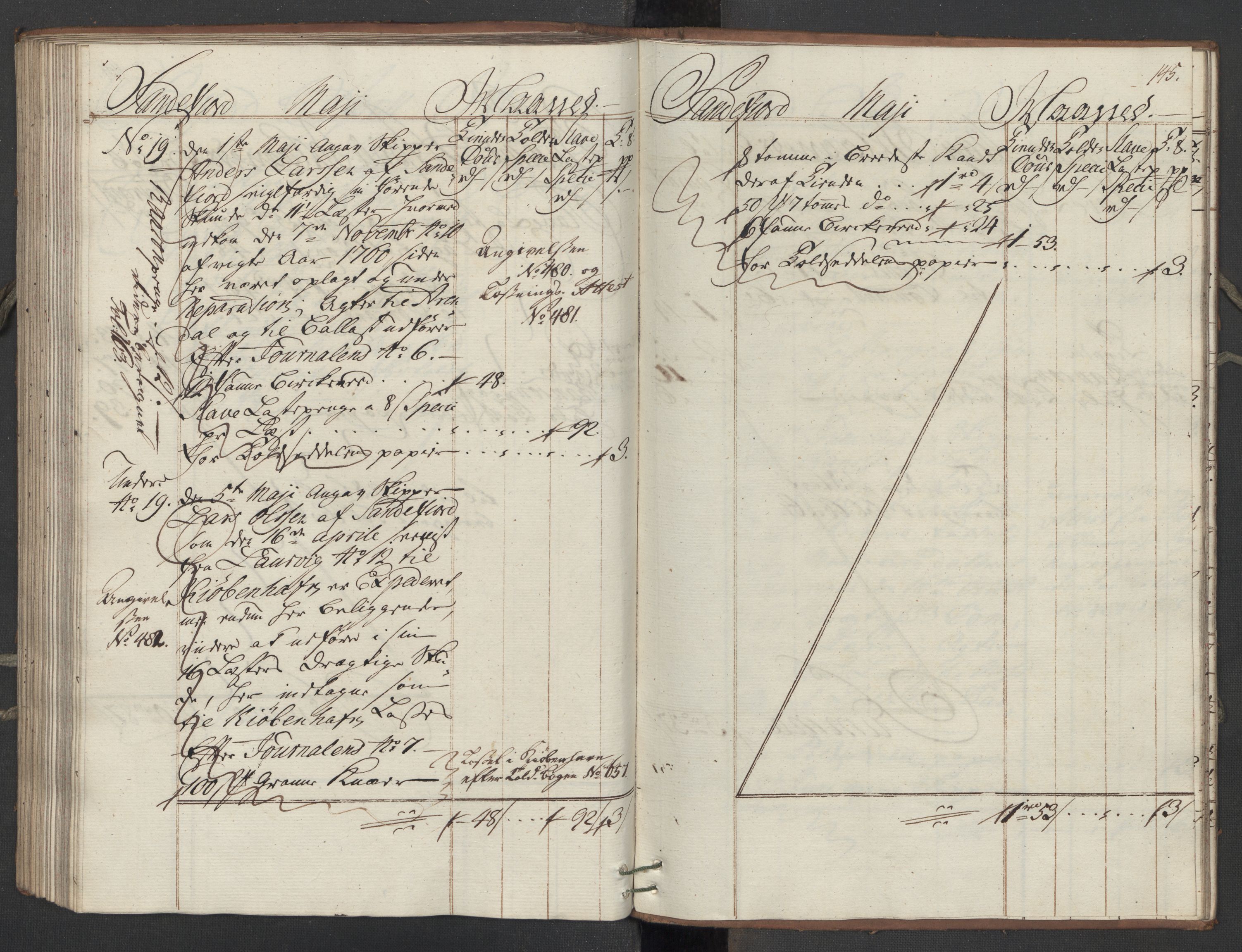 Generaltollkammeret, tollregnskaper, AV/RA-EA-5490/R11/L0039/0001: Tollregnskaper Larvik og Sandefjord / Utgående hovedtollbok, 1762, s. 144b-145a