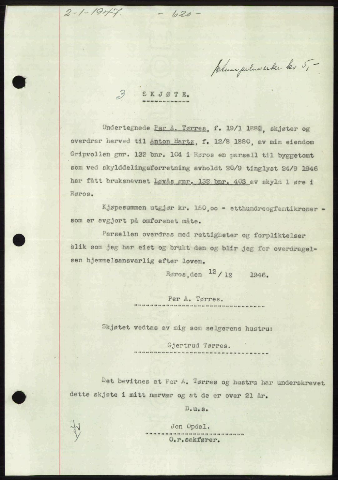 Gauldal sorenskriveri, SAT/A-0014/1/2/2C: Pantebok nr. A3, 1947-1947, Dagboknr: 3/1947