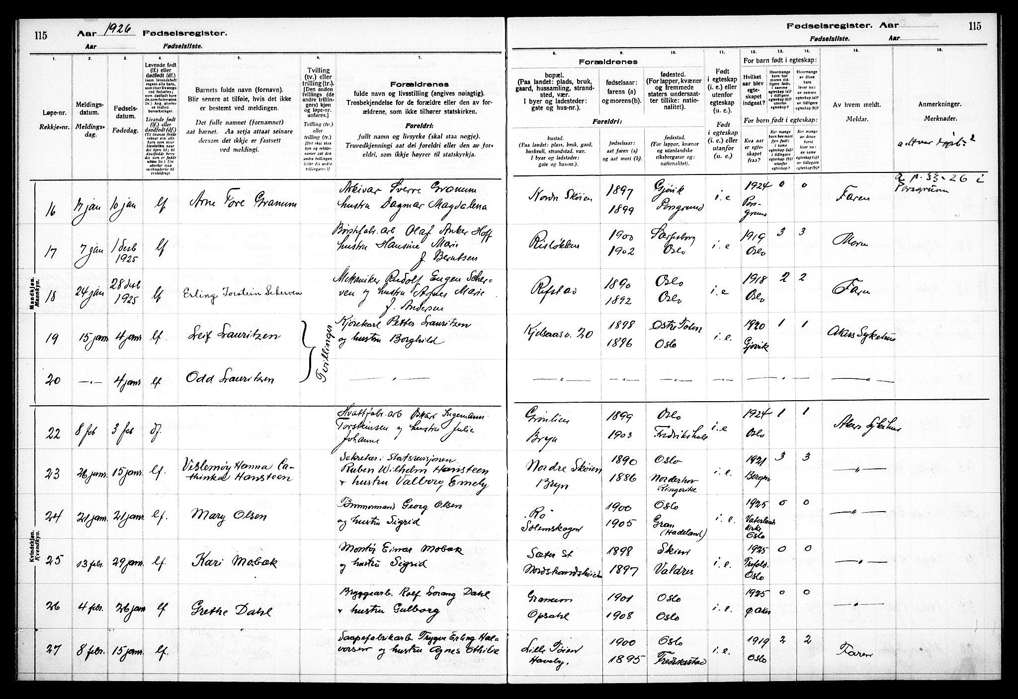 Østre Aker prestekontor Kirkebøker, AV/SAO-A-10840/J/Ja/L0002: Fødselsregister nr. I 2, 1923-1927, s. 115