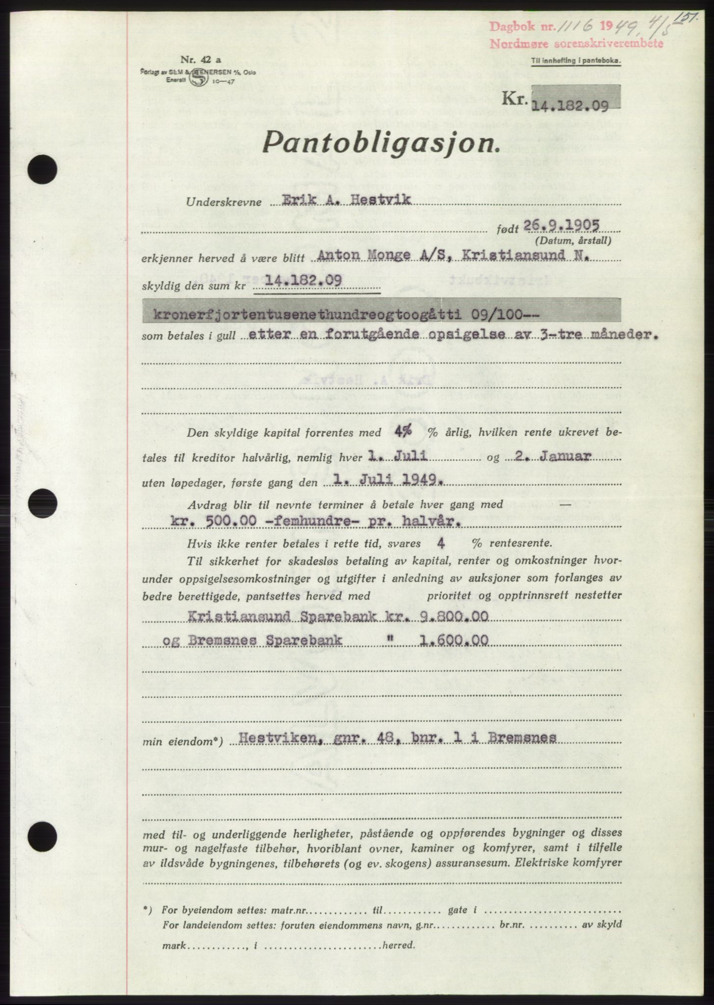 Nordmøre sorenskriveri, SAT/A-4132/1/2/2Ca: Pantebok nr. B101, 1949-1949, Dagboknr: 1116/1949