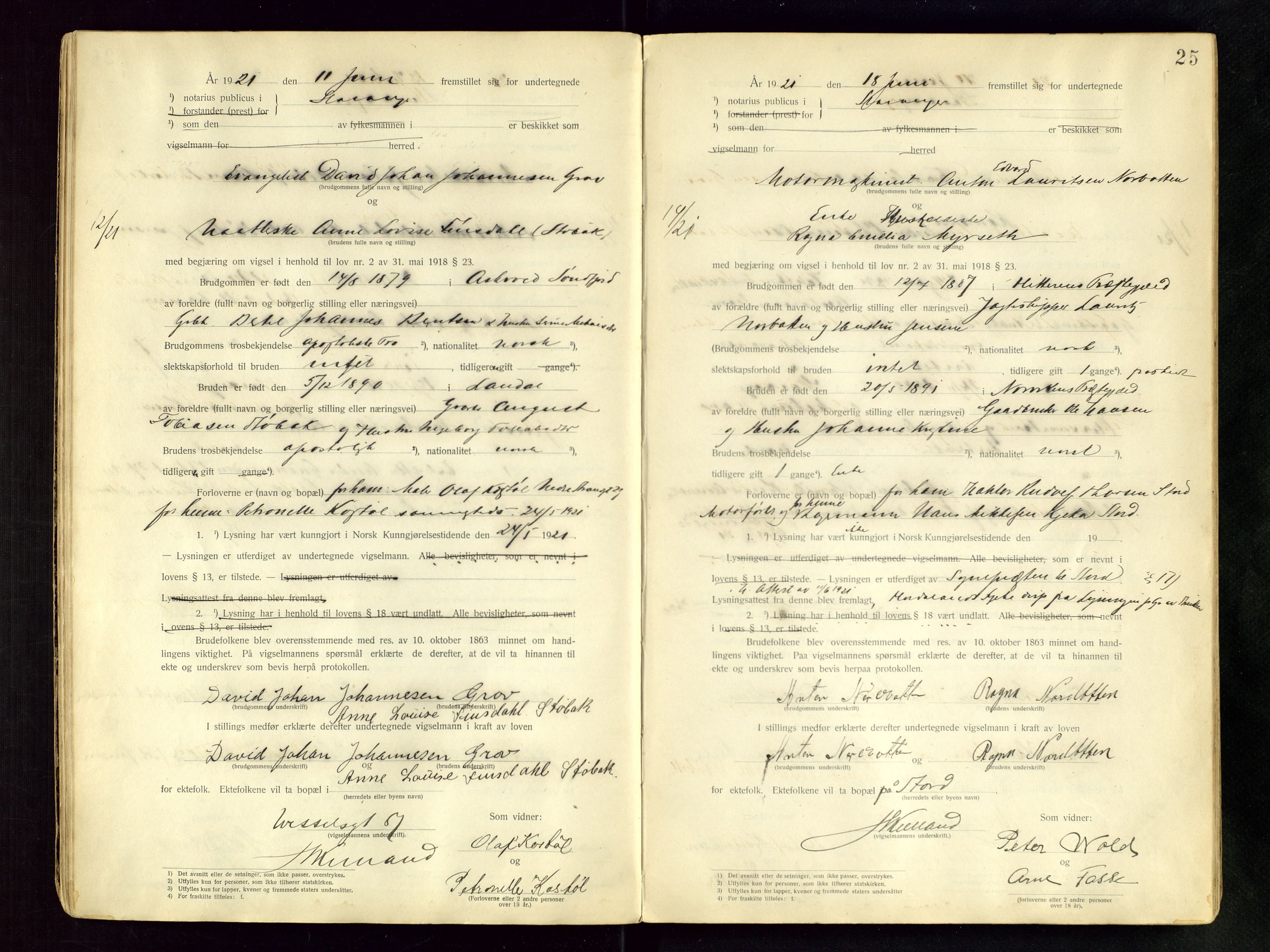 Stavanger byfogd, AV/SAST-A-101408/001/6/62/62BB/L0001: Vigselsprotokoll, 1920-1926, s. 25