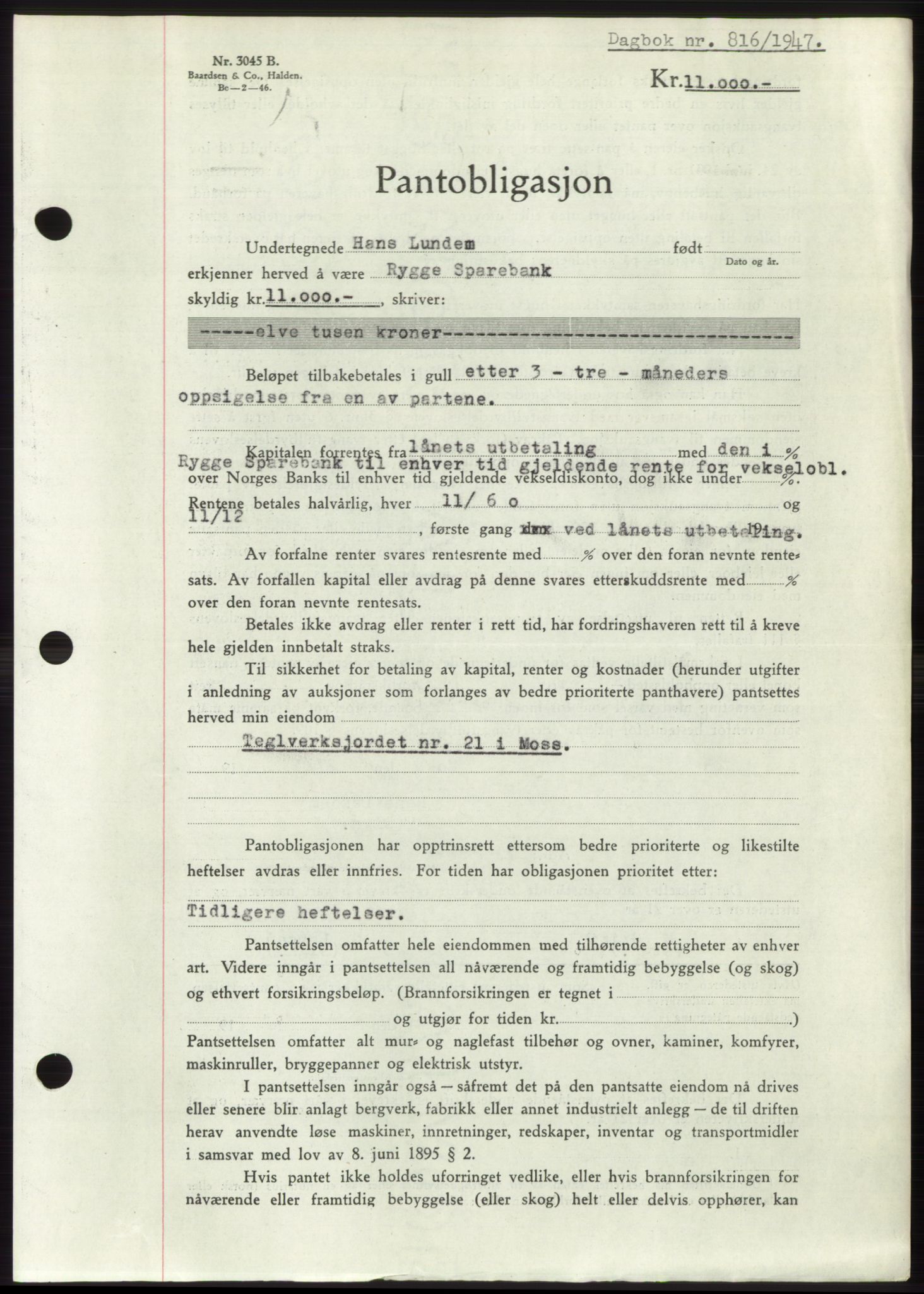 Moss sorenskriveri, SAO/A-10168: Pantebok nr. B17, 1947-1947, Dagboknr: 816/1947