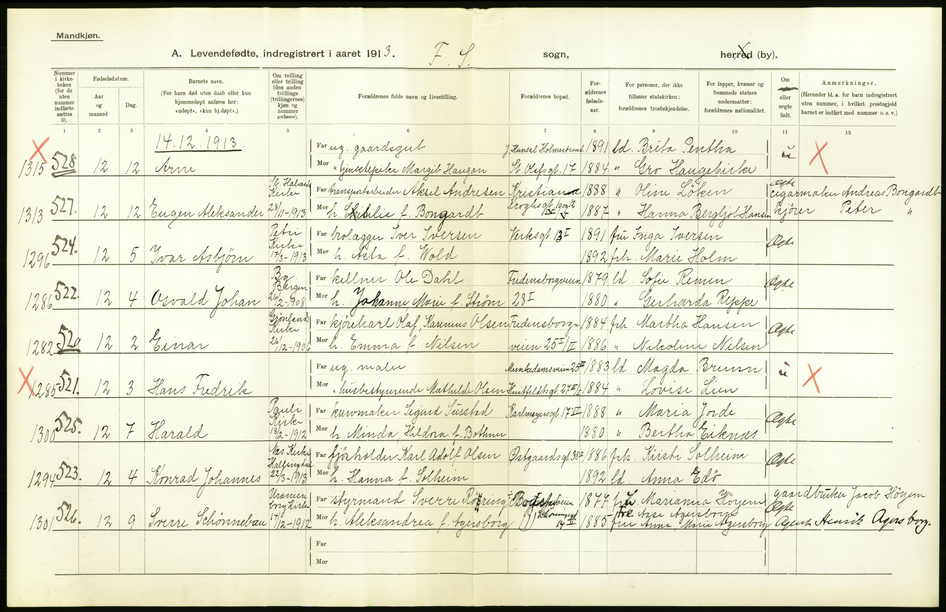 Statistisk sentralbyrå, Sosiodemografiske emner, Befolkning, AV/RA-S-2228/D/Df/Dfb/Dfbc/L0007: Kristiania: Levendefødte menn og kvinner., 1913, s. 10