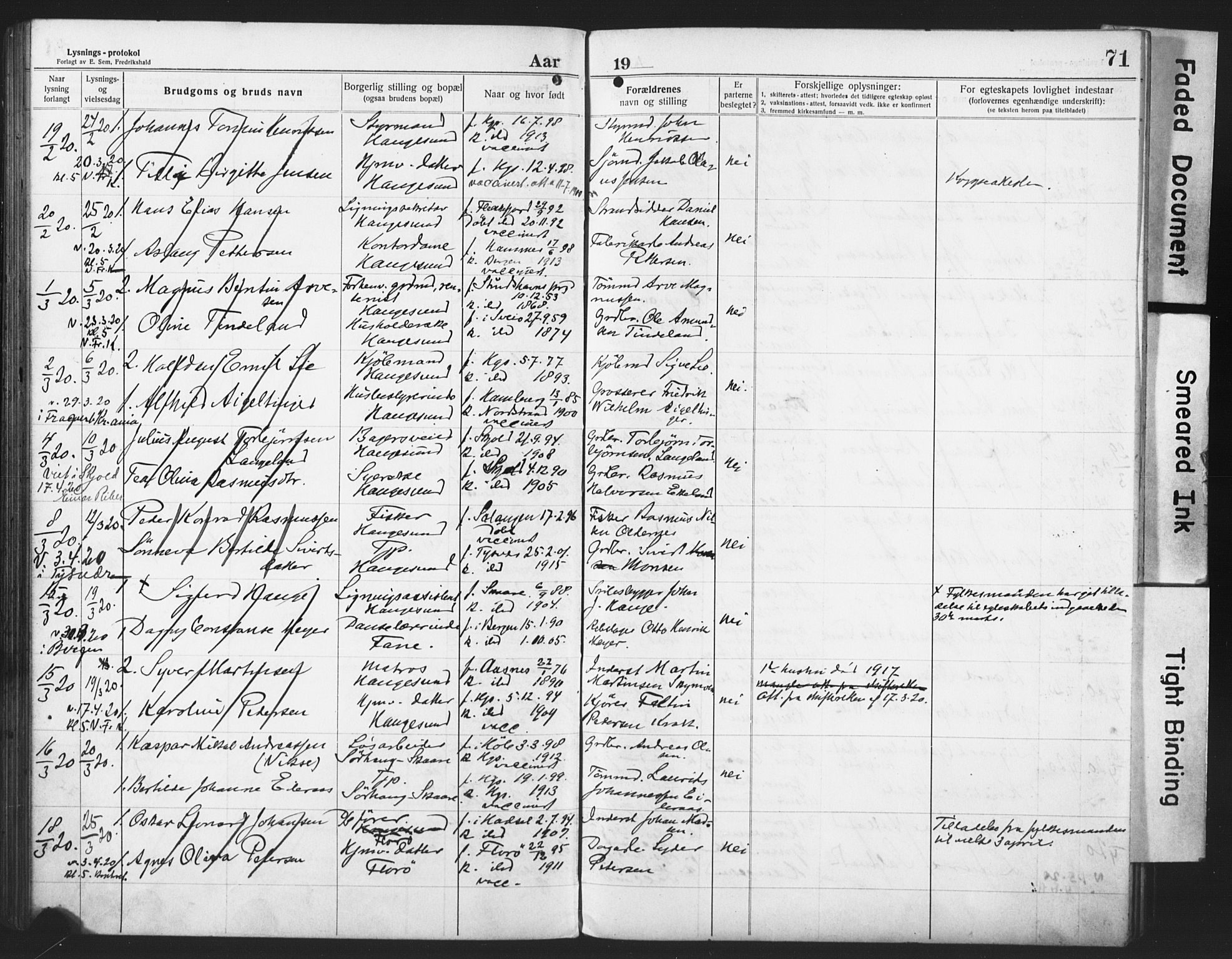 Haugesund sokneprestkontor, AV/SAST-A -101863/I/Ie/L0003: Lysningsprotokoll nr. VIII 3, 1916-1921, s. 71