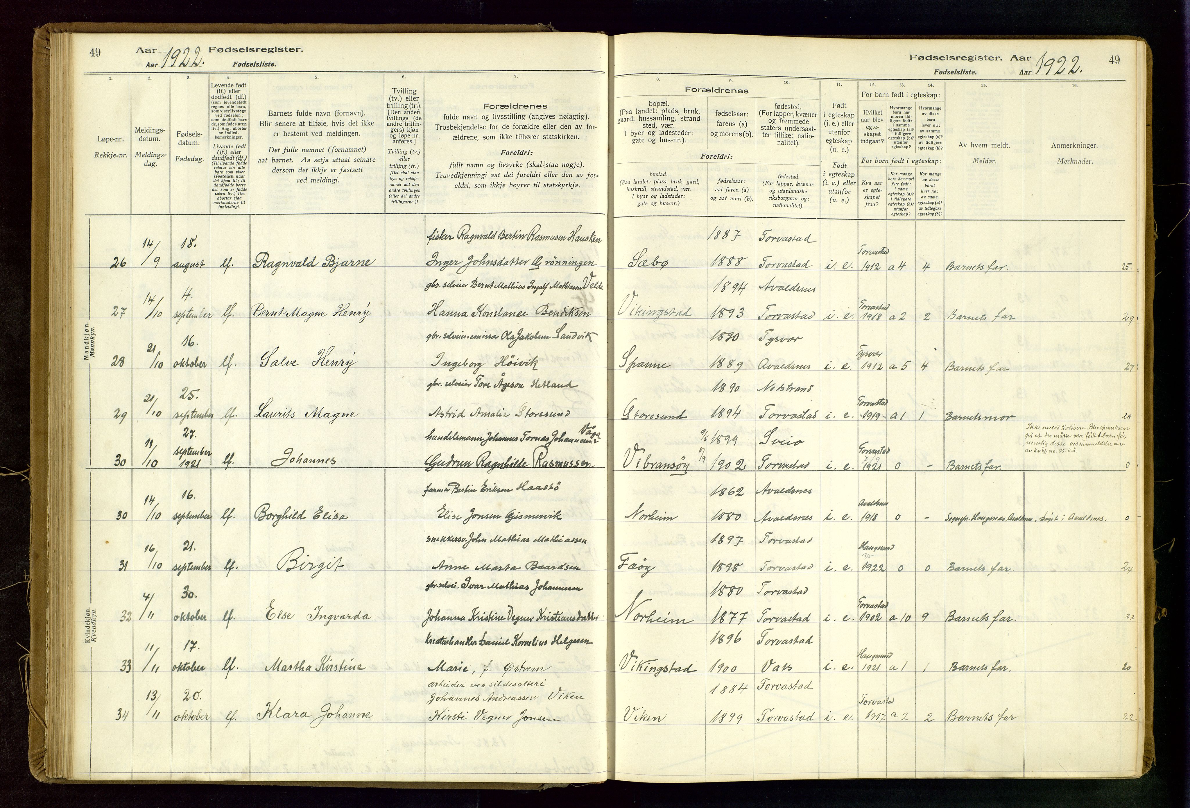 Torvastad sokneprestkontor, AV/SAST-A -101857/I/Id/L0002: Fødselsregister nr. 2, 1916-1950, s. 49