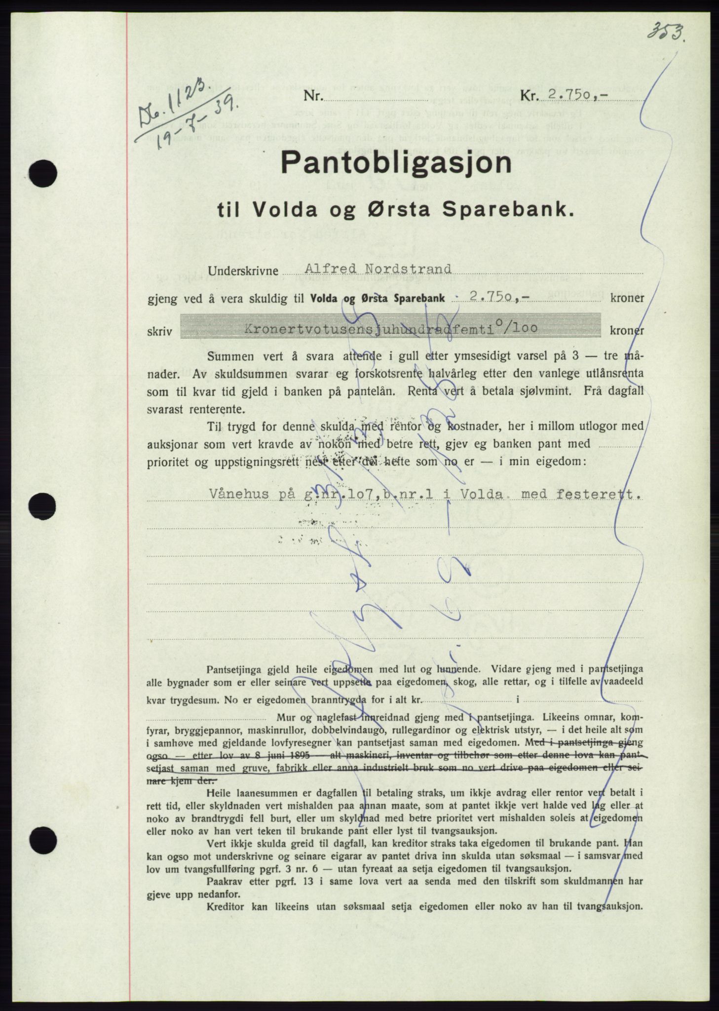 Søre Sunnmøre sorenskriveri, AV/SAT-A-4122/1/2/2C/L0068: Pantebok nr. 62, 1939-1939, Dagboknr: 1123/1939