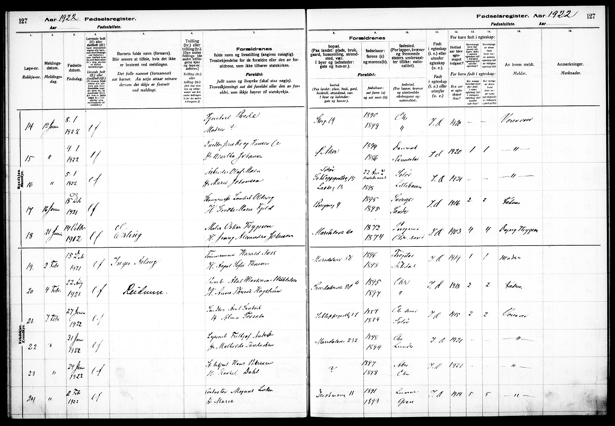 Sagene prestekontor Kirkebøker, AV/SAO-A-10796/J/L0002: Fødselsregister nr. 2, 1920-1922, s. 127