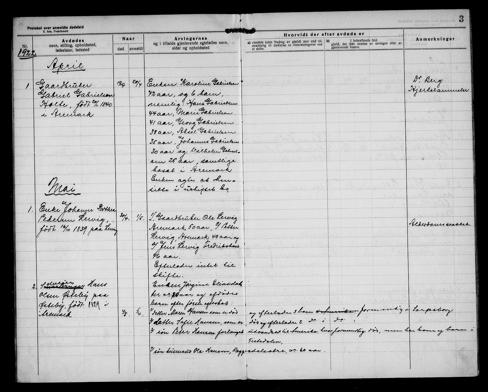 Aremark lensmannskontor, AV/SAO-A-10631/H/Ha/L0004: Dødsfallsprotokoll, 1922-1933, s. 3