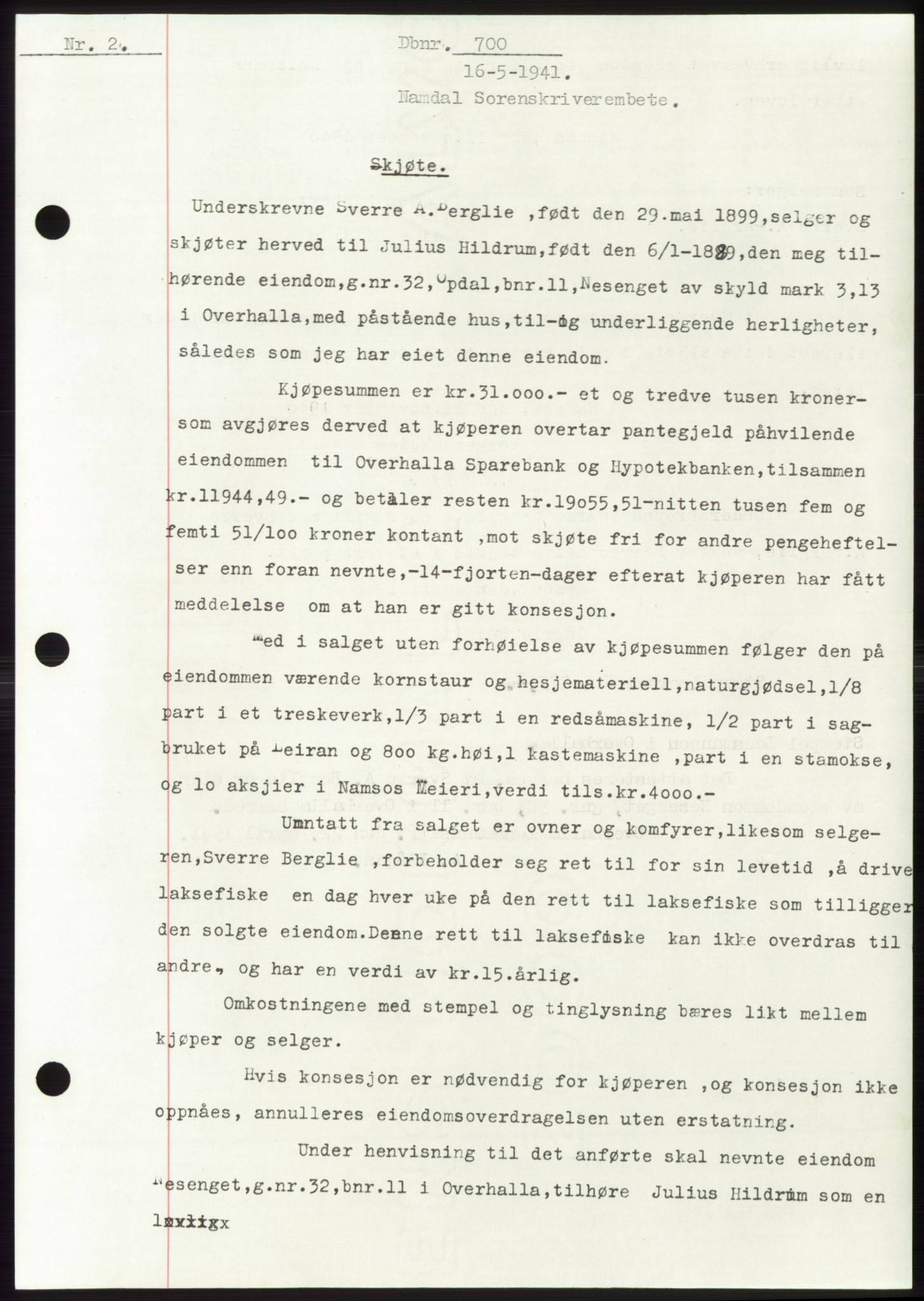 Namdal sorenskriveri, SAT/A-4133/1/2/2C: Pantebok nr. -, 1940-1941, Tingl.dato: 16.05.1941