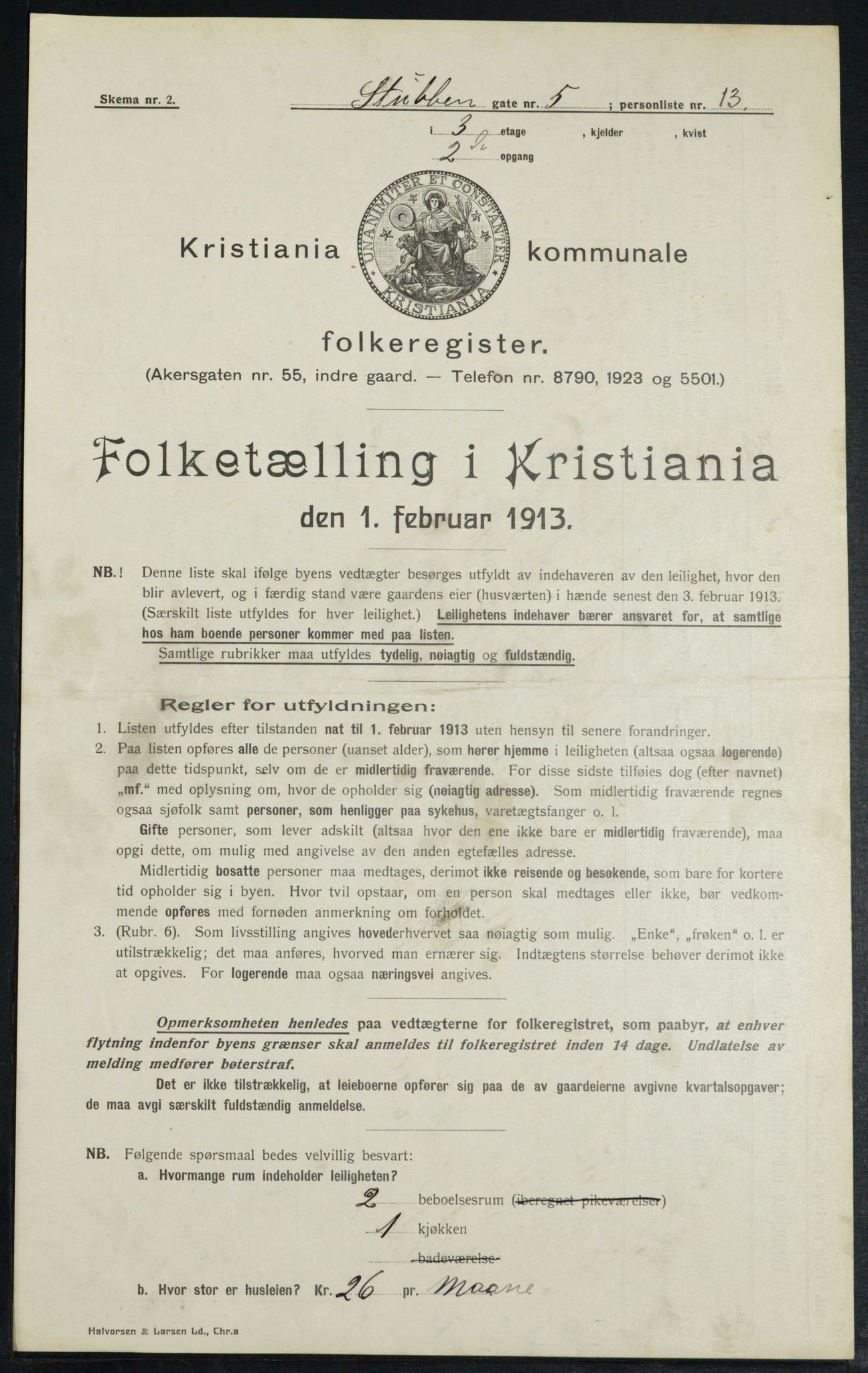 OBA, Kommunal folketelling 1.2.1913 for Kristiania, 1913, s. 104604