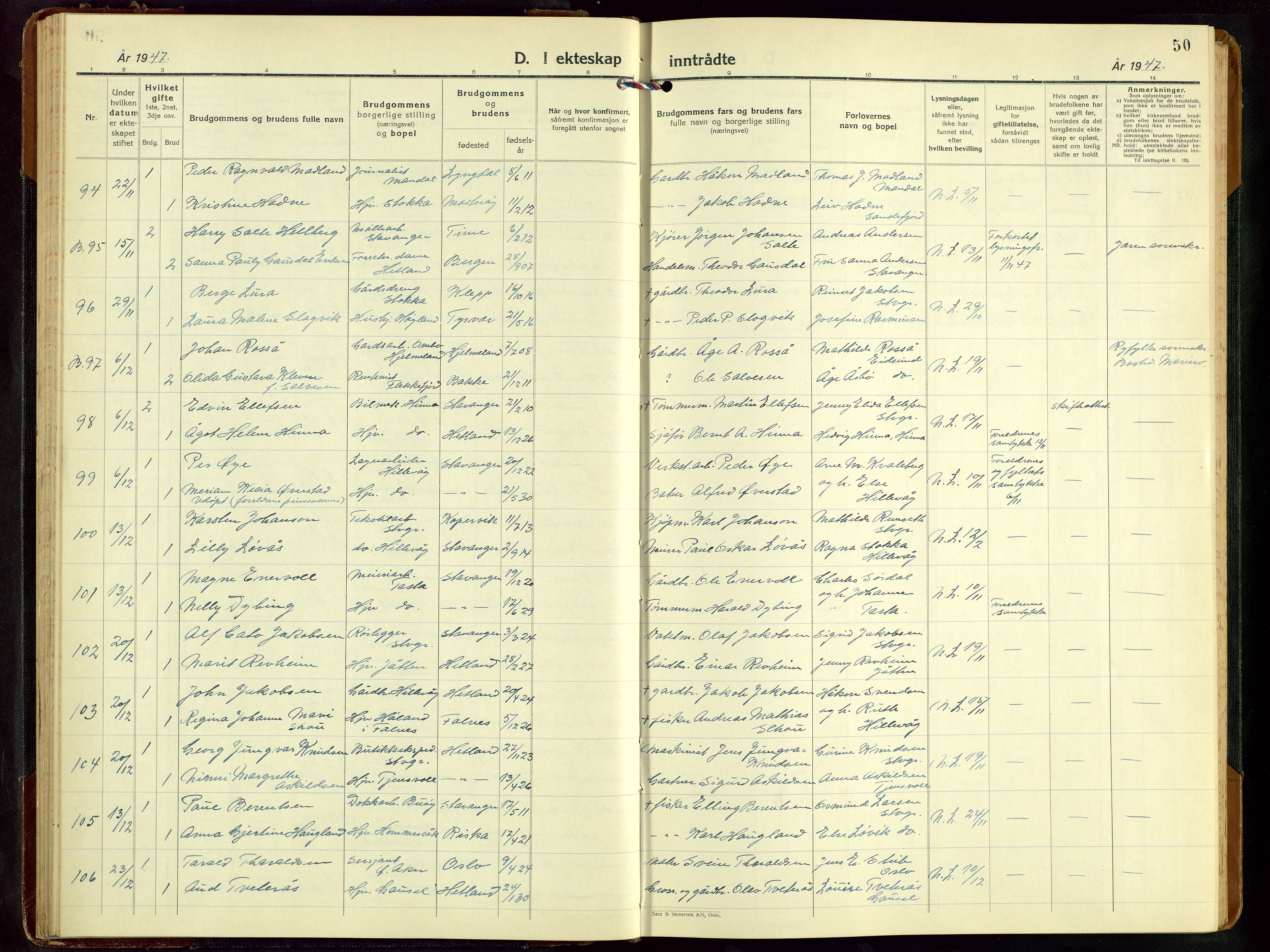 Hetland sokneprestkontor, AV/SAST-A-101826/30/30BB/L0016: Klokkerbok nr. B 16, 1942-1960, s. 50