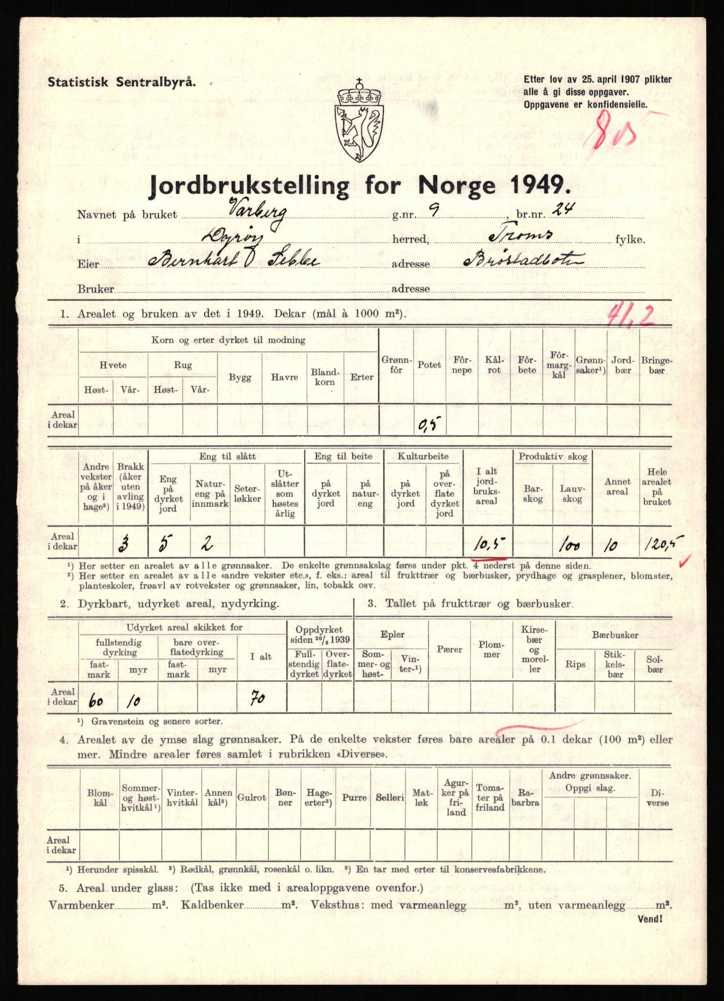 Statistisk sentralbyrå, Næringsøkonomiske emner, Jordbruk, skogbruk, jakt, fiske og fangst, AV/RA-S-2234/G/Gc/L0440: Troms: Sørreisa og Dyrøy, 1949, s. 981