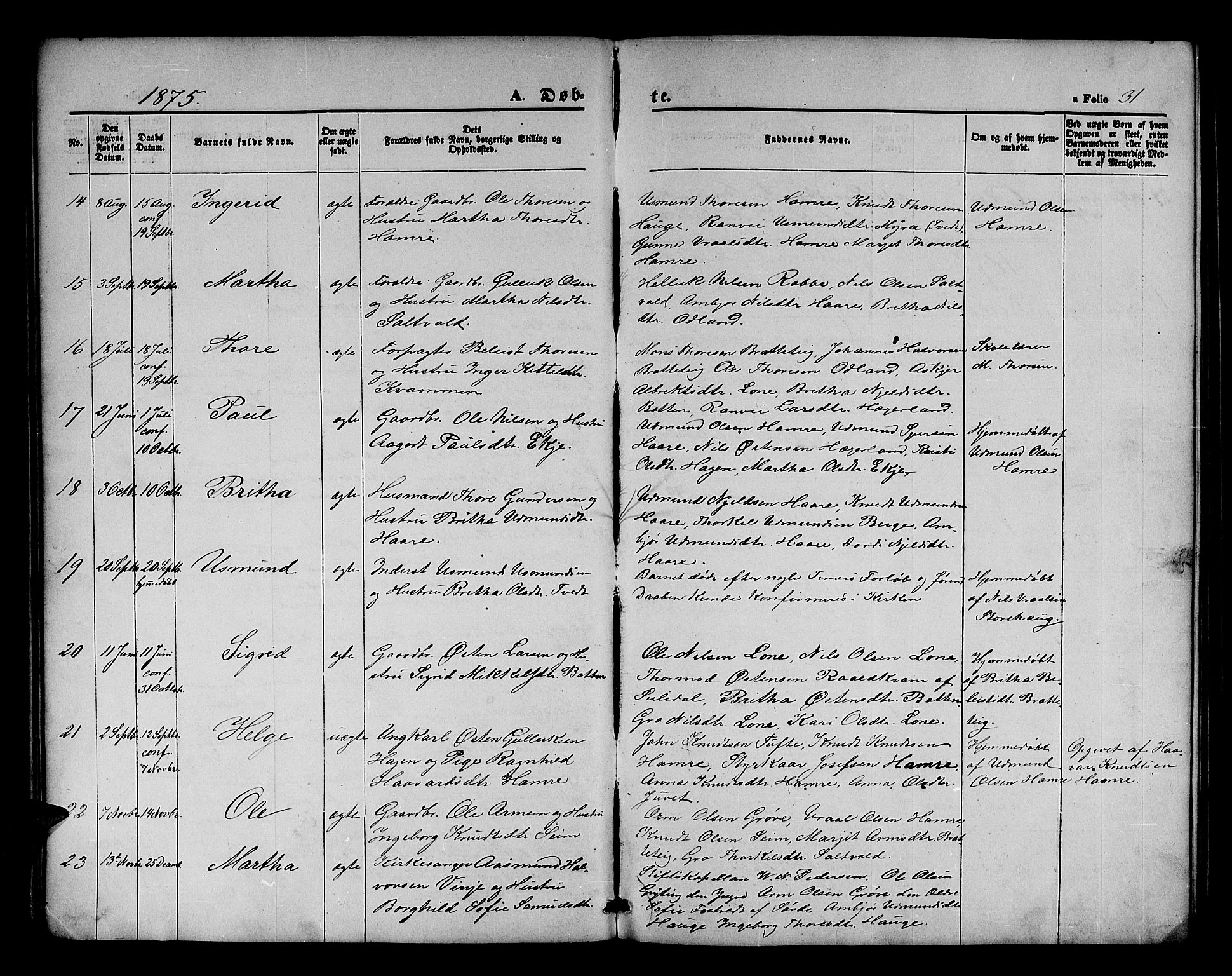 Røldal sokneprestembete, AV/SAB-A-100247: Klokkerbok nr. A 2, 1861-1886, s. 31