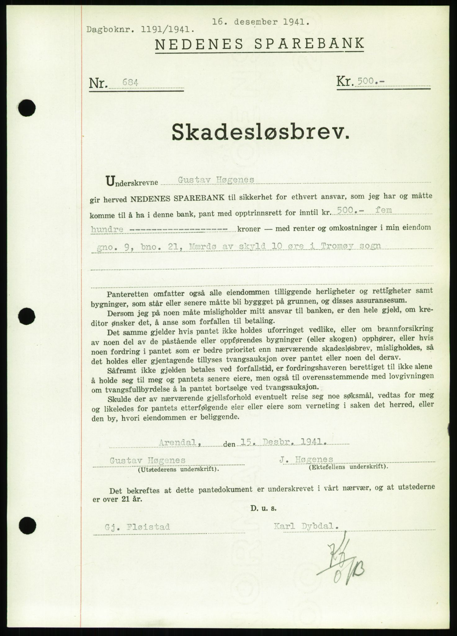 Nedenes sorenskriveri, SAK/1221-0006/G/Gb/Gbb/L0001: Pantebok nr. I, 1939-1942, Dagboknr: 1191/1941
